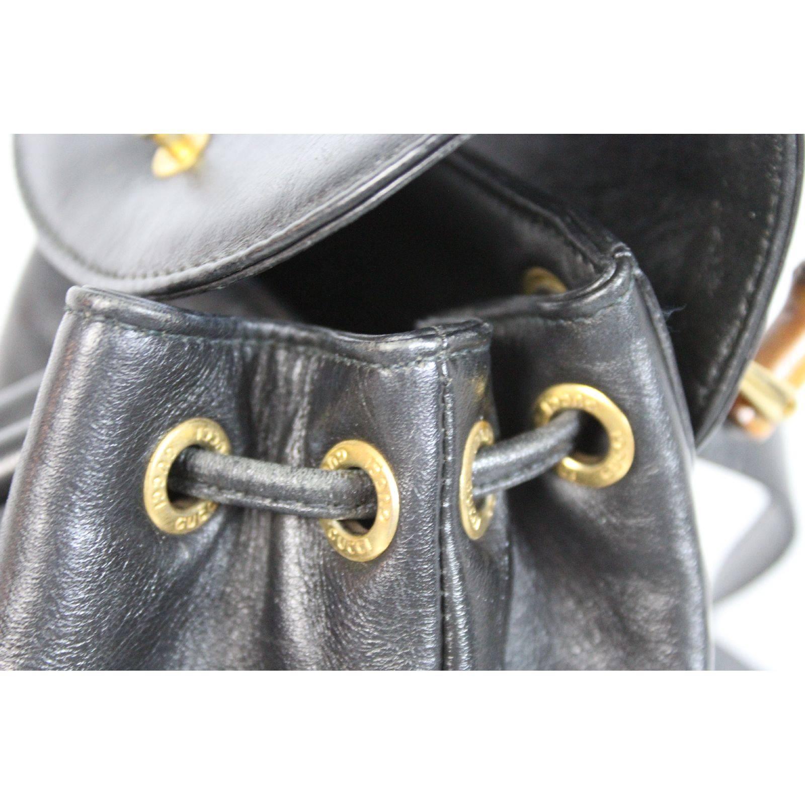 Gucci bamboo vintage black leather backpack bag serial code with pocket For Sale 1
