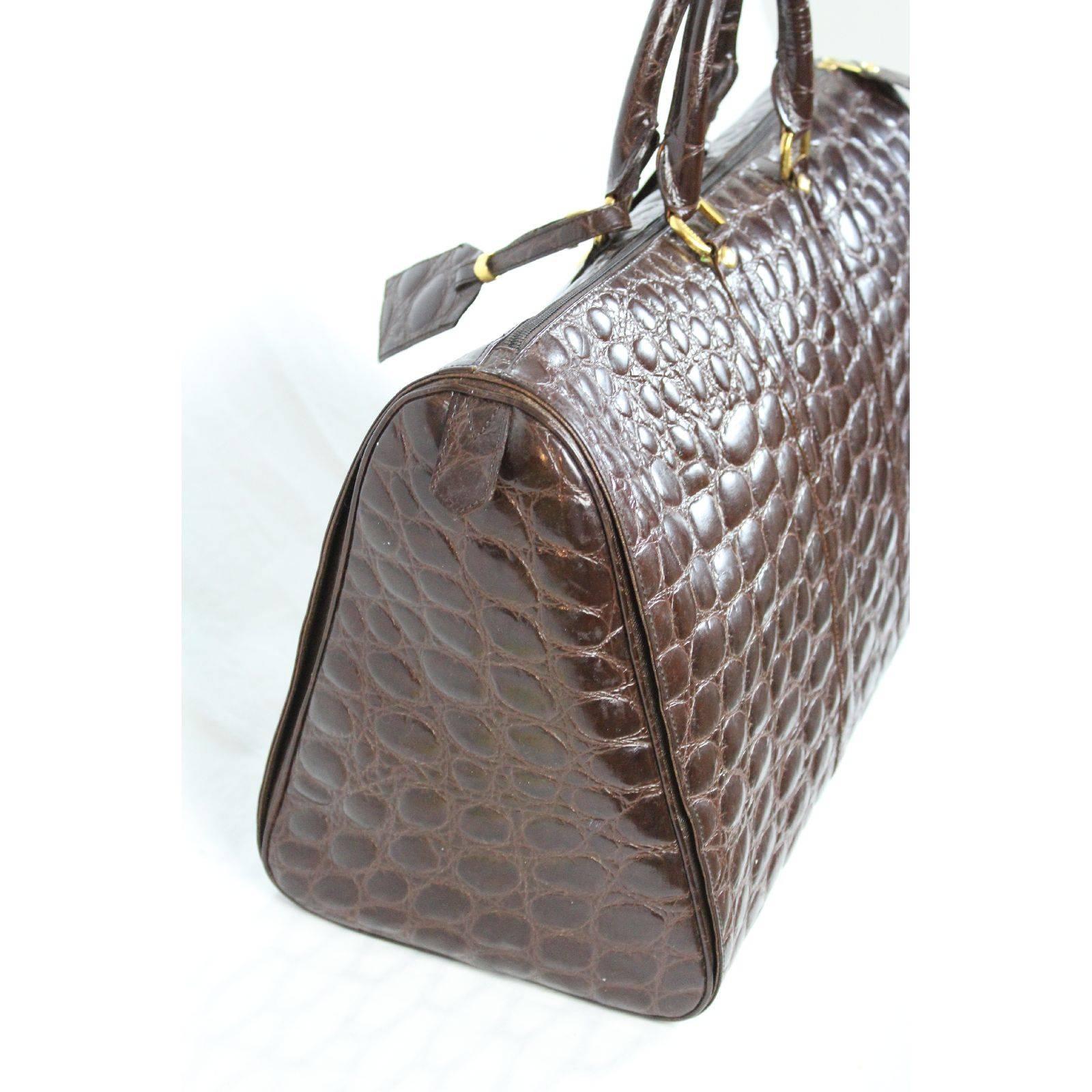 Black Gianfranco Ferre travel bag luggage brown calfskin embossed crocodile print