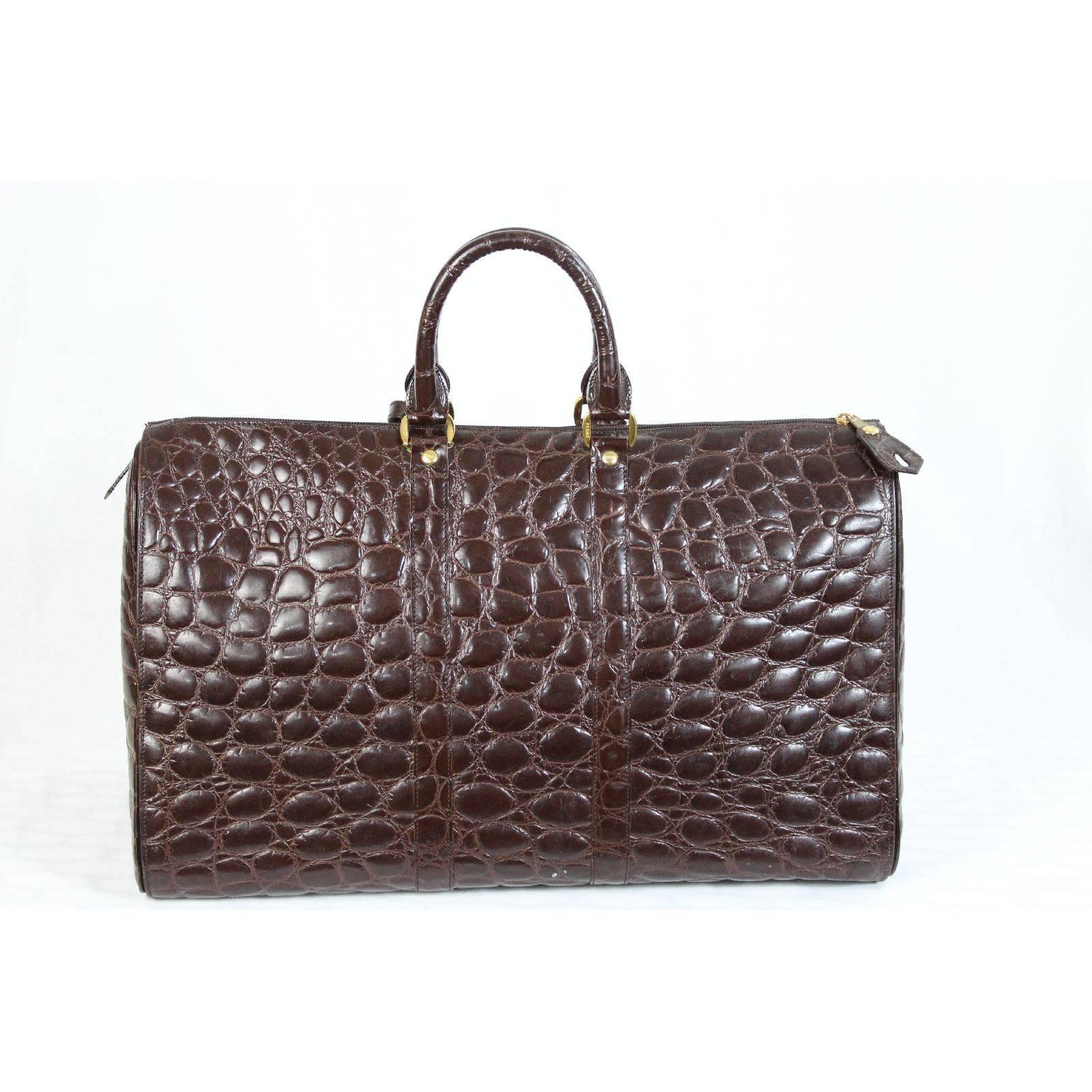 Gianfranco Ferre travel bag luggage brown calfskin embossed crocodile print 2