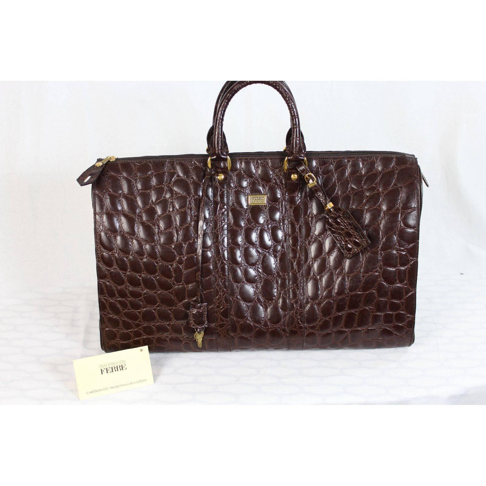 Gianfranco Ferre travel bag luggage brown calfskin embossed crocodile print 4