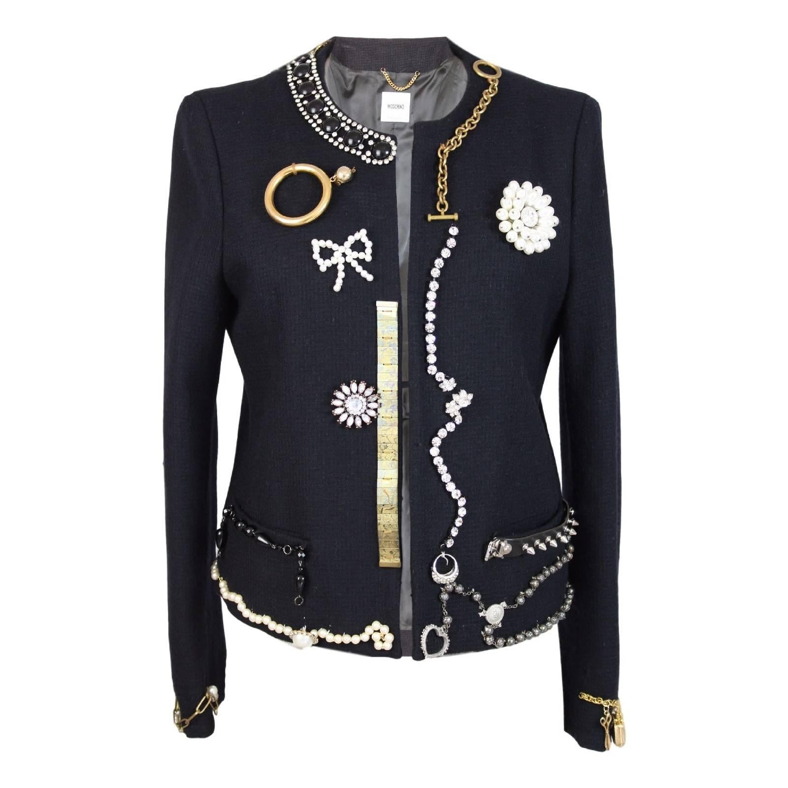 Moschino Blazer Blue Wool Jewelry Italian Jacket, 1990s For Sale