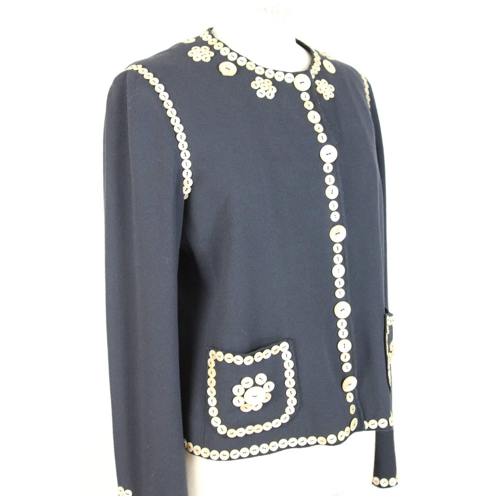 Black Moschino Blue Wool Mother of Pearl Buttons Blazer Jacket, 1990s For Sale