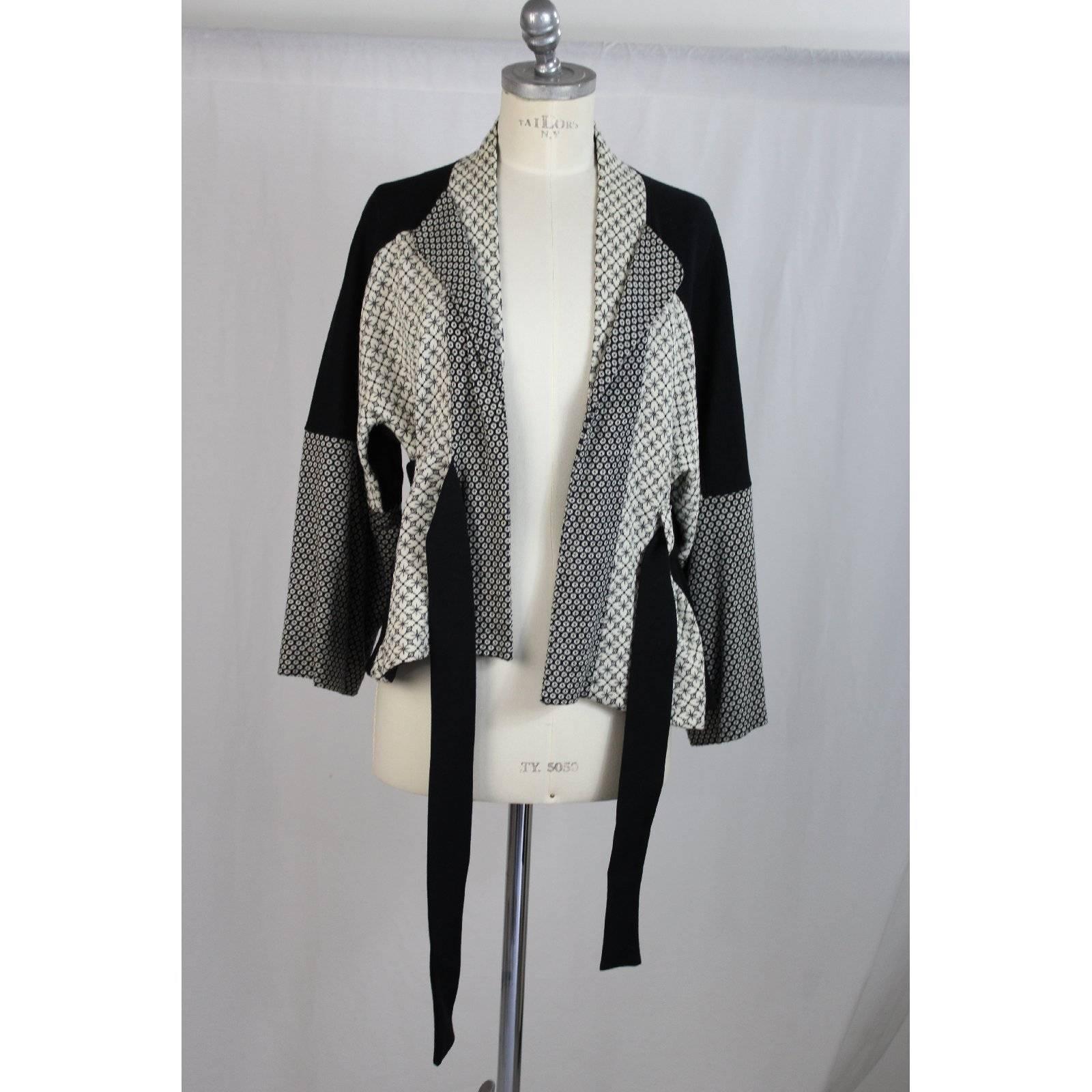 Black Kenzo black white wool sweater jacket kimono women’s size M made italy 1990s