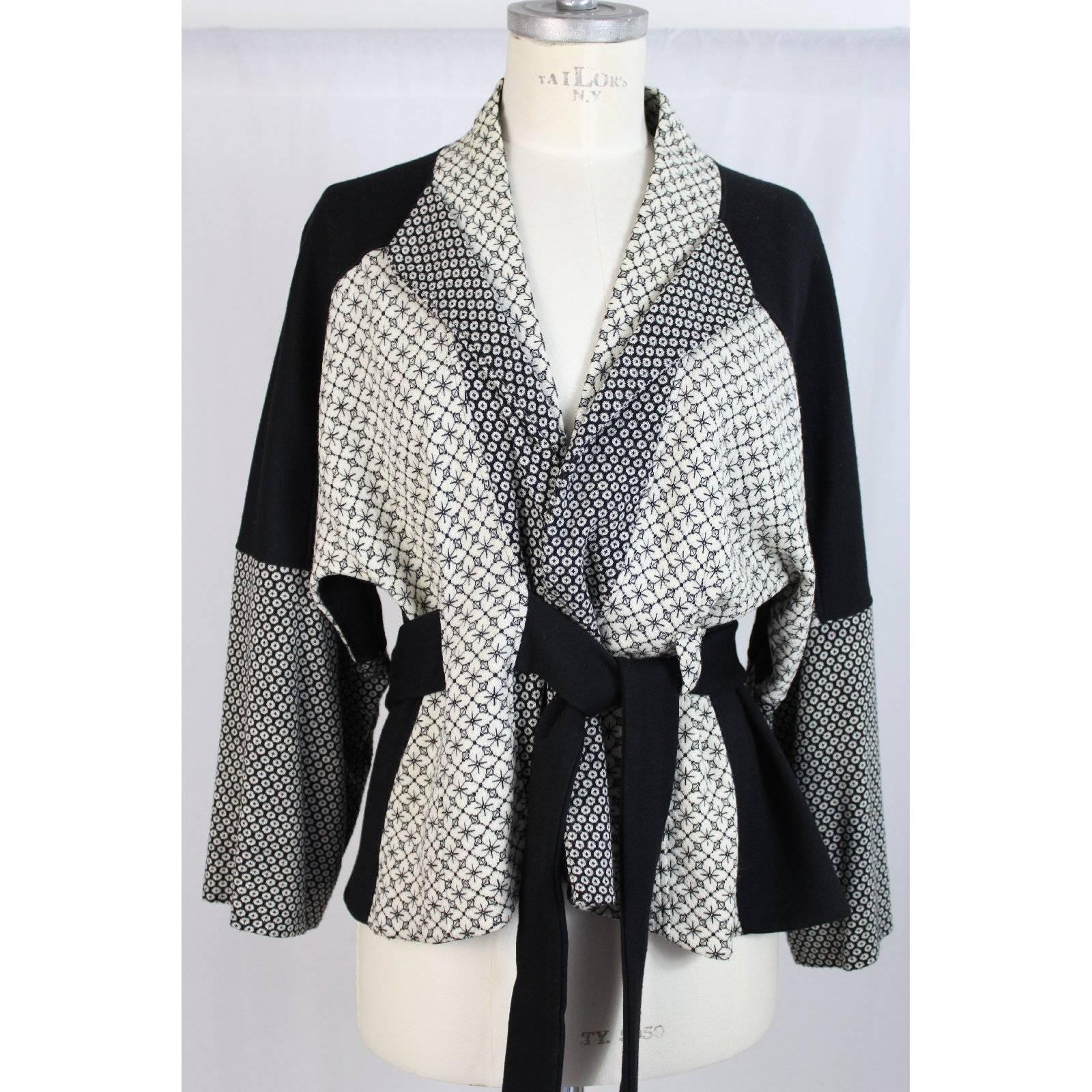 Kenzo black white wool sweater jacket kimono women’s size M made italy 1990s 2