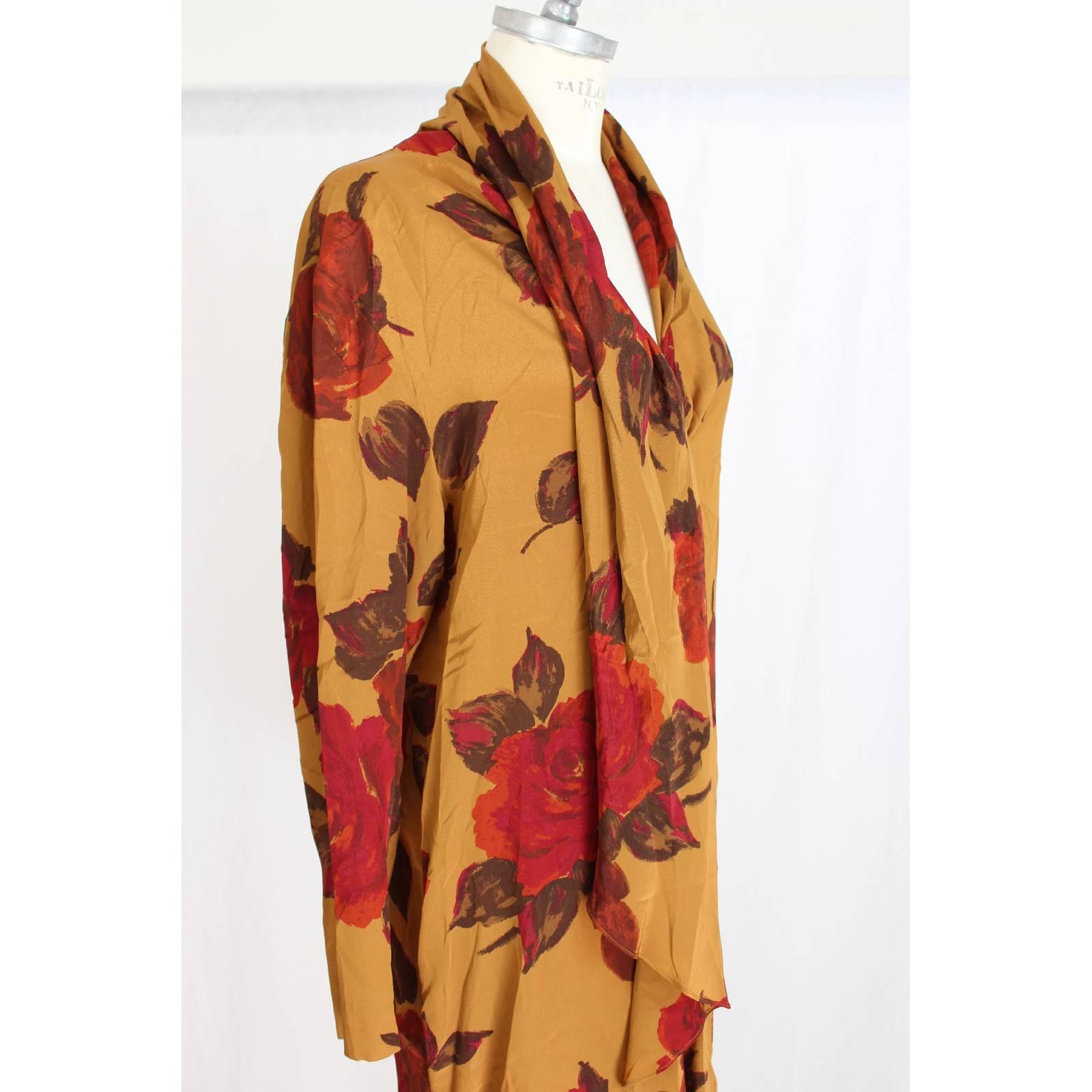 Laura Biagiotti Risposte orange brown silk floral dress 1980s size 42 it vintage In Excellent Condition For Sale In Brindisi, IT