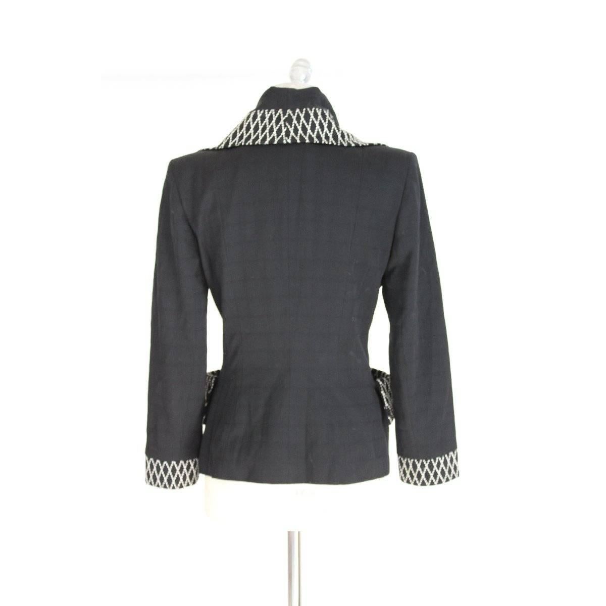 Black Norma Kamali vintage black wool white stitching double breasted jacket  For Sale