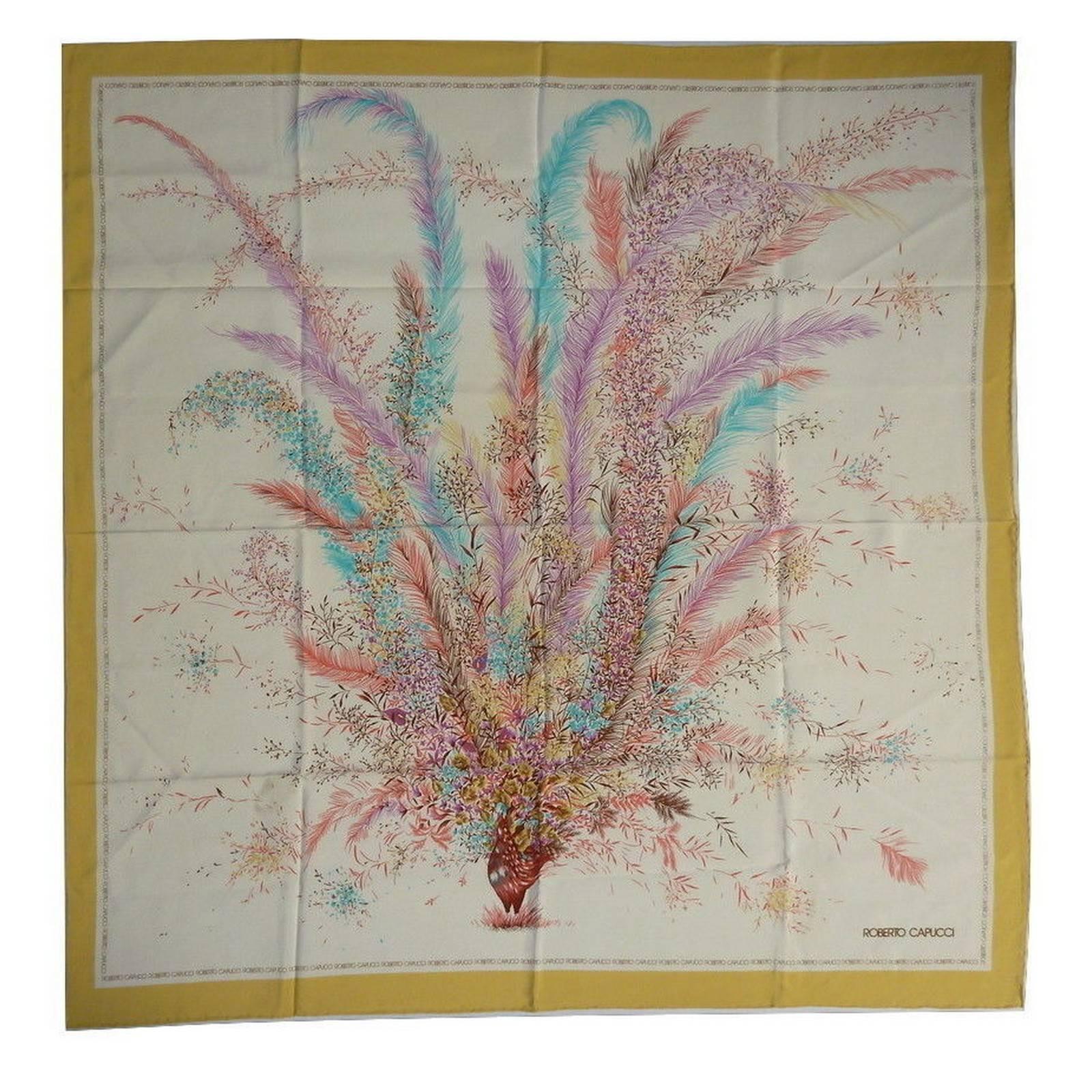 Roberto Capucci foulard vintage tema peacock scarf 100% silk 86×90 cm For Sale