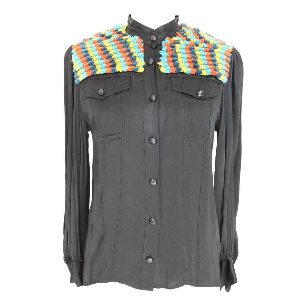 Moschino shirt black vintage multicolored wool shoulder slim fit 1980s polo neck For Sale