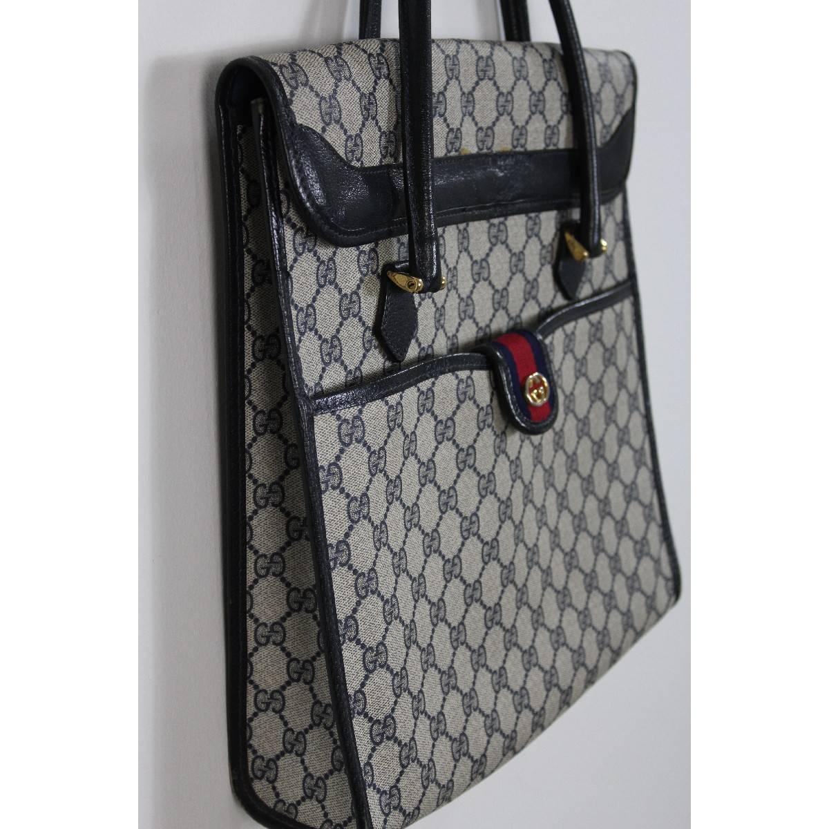 Gucci Tote Monogram Blue Gray Leather Italian Bag, 1980s In Good Condition In Brindisi, IT