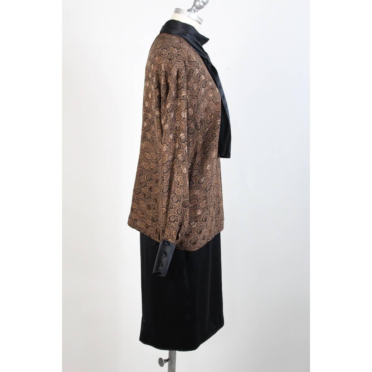 Black Genny by Versace vintage black brown paisley silk suit skirt, 1980s For Sale