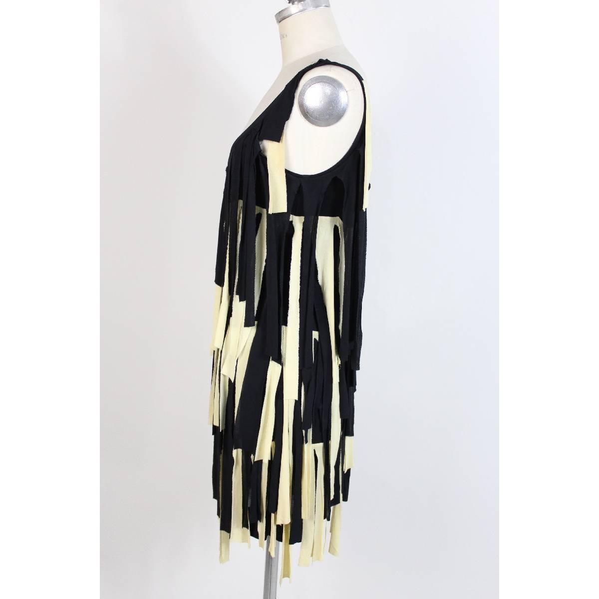 Black Moschino Couture Charleston Beige Blue Fringed Italian Dress, 1980 For Sale