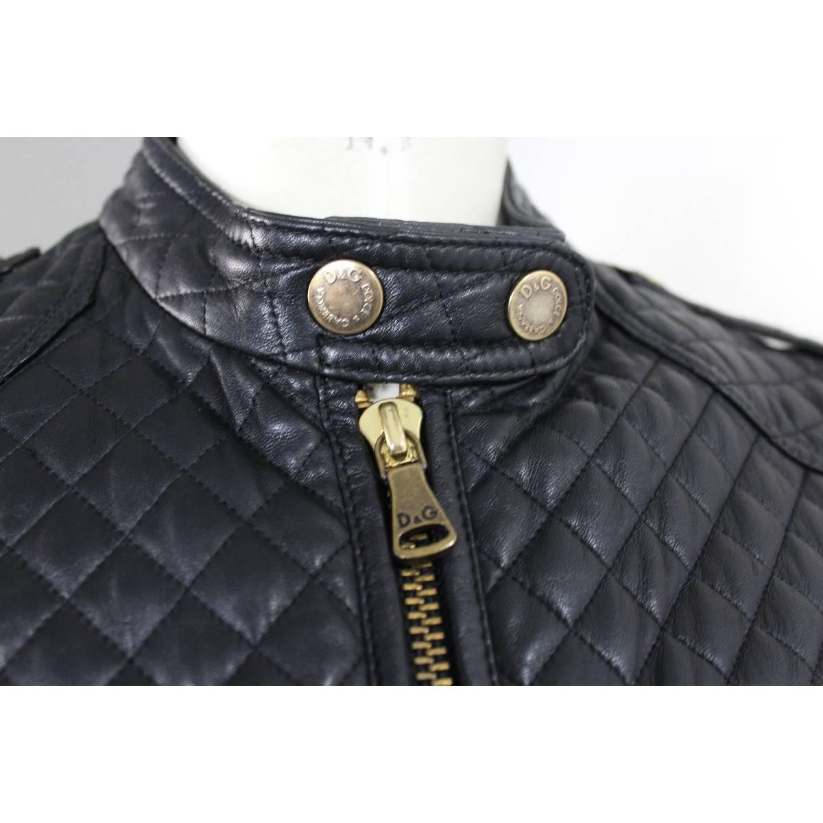 Black Dolce & Gabbana black leather lamb skin quilted jacket motorcycle size 44 it 