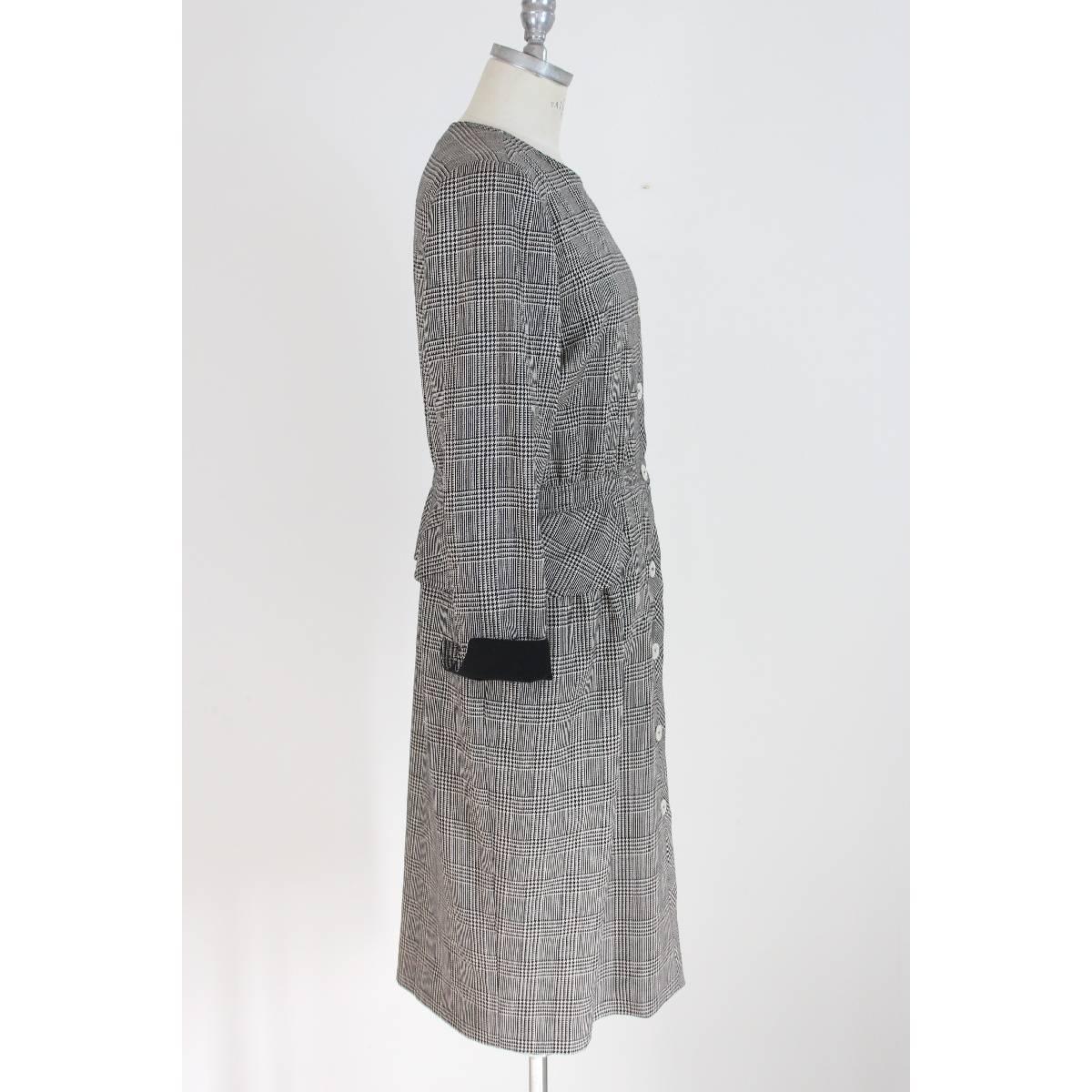 Gray Valentino vintage wool check dress black and white size 48 mother of pearl butto