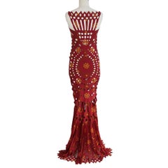 Gianfranco Ferre red fishnet sheer mesh off shoulder gown dress laser cut 2000s