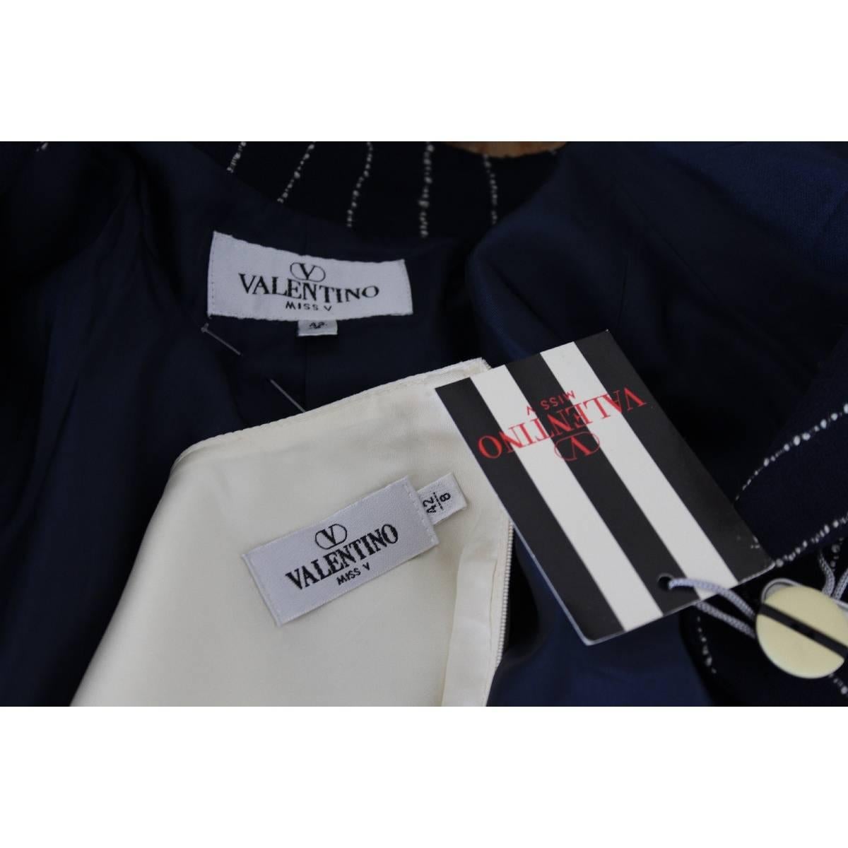 Valentino Set Dress Pinstripe Blue Wool Italian Skirt Suit, 1990s For Sale 2