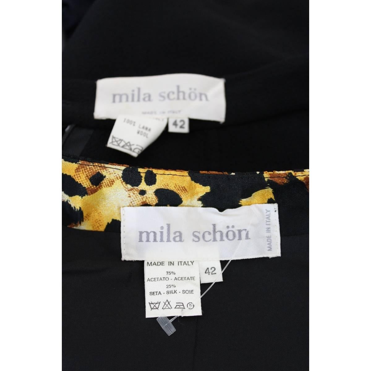 NWT Mila Schon vintage silk skirt suit animalier jacket size 42 it black 1980s For Sale 4