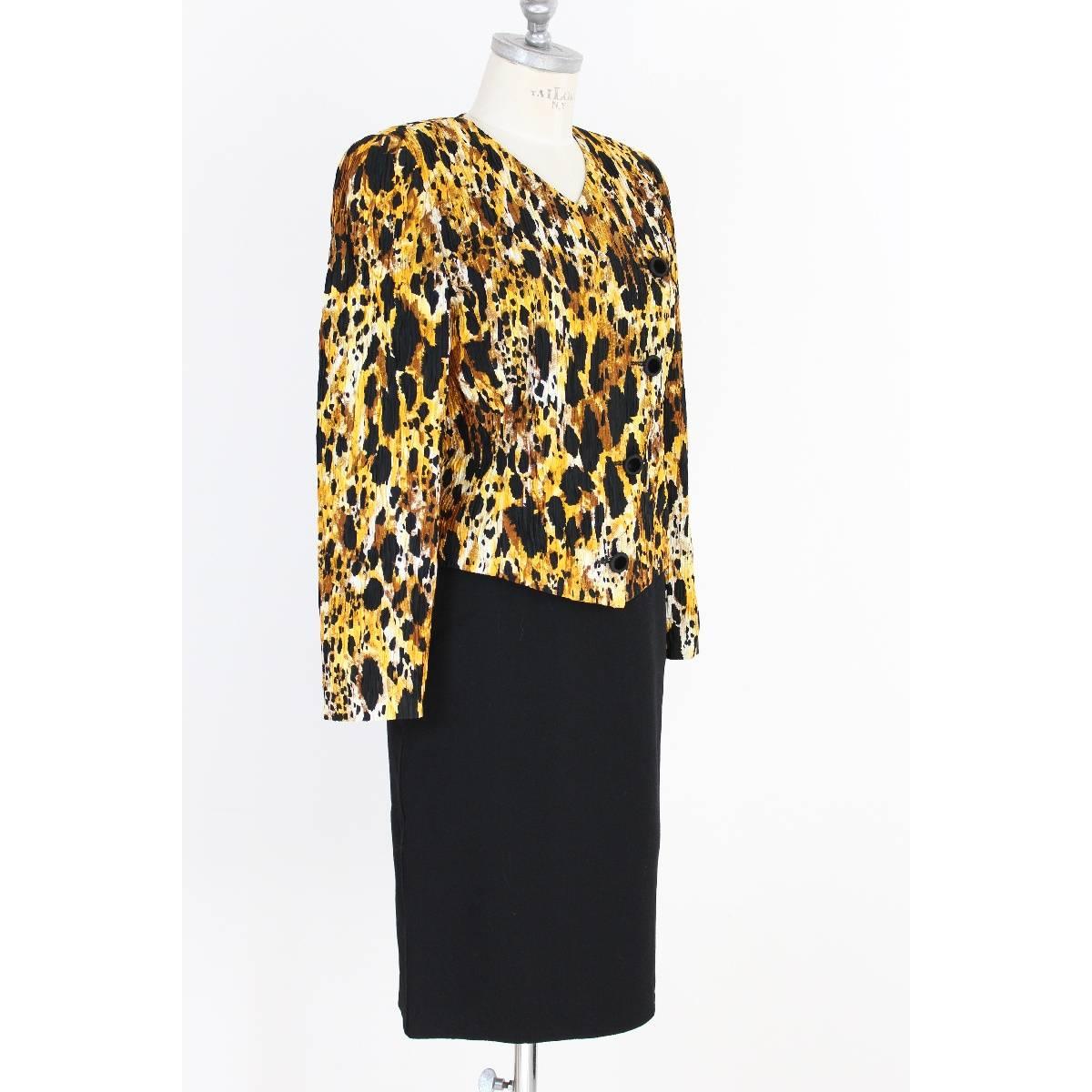Black NWT Mila Schon vintage silk skirt suit animalier jacket size 42 it black 1980s For Sale