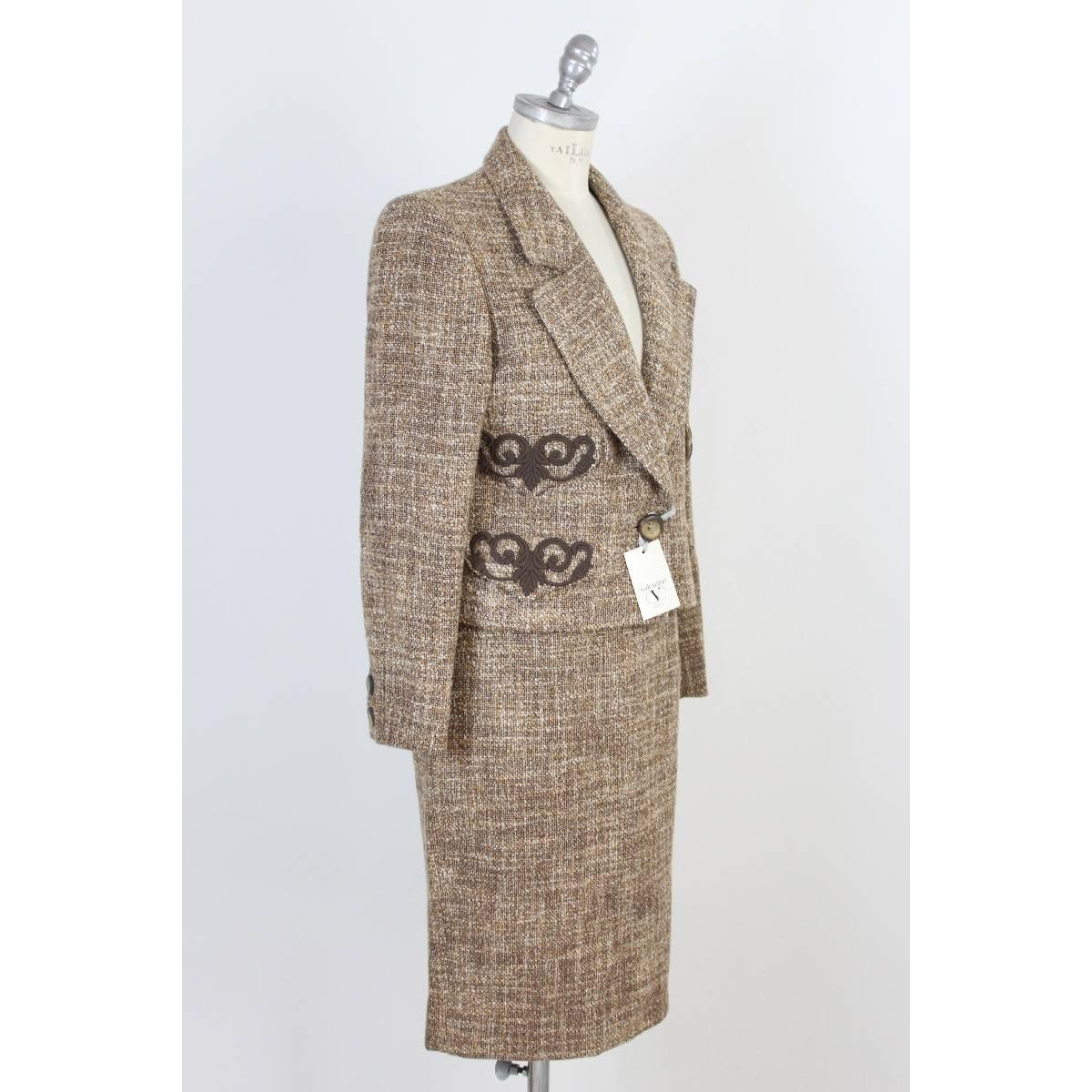Gray Valentino Boucle Beige Brown Wool Italian Skirt Suit, 1990s For Sale