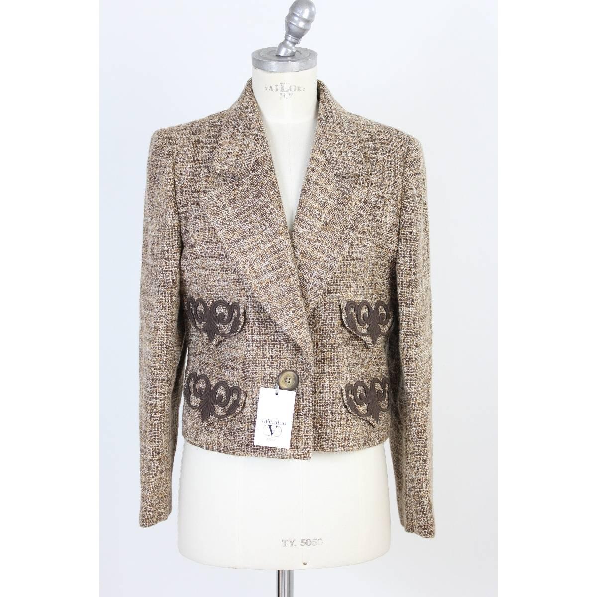 Women's Valentino Boucle Beige Brown Wool Italian Skirt Suit, 1990s For Sale