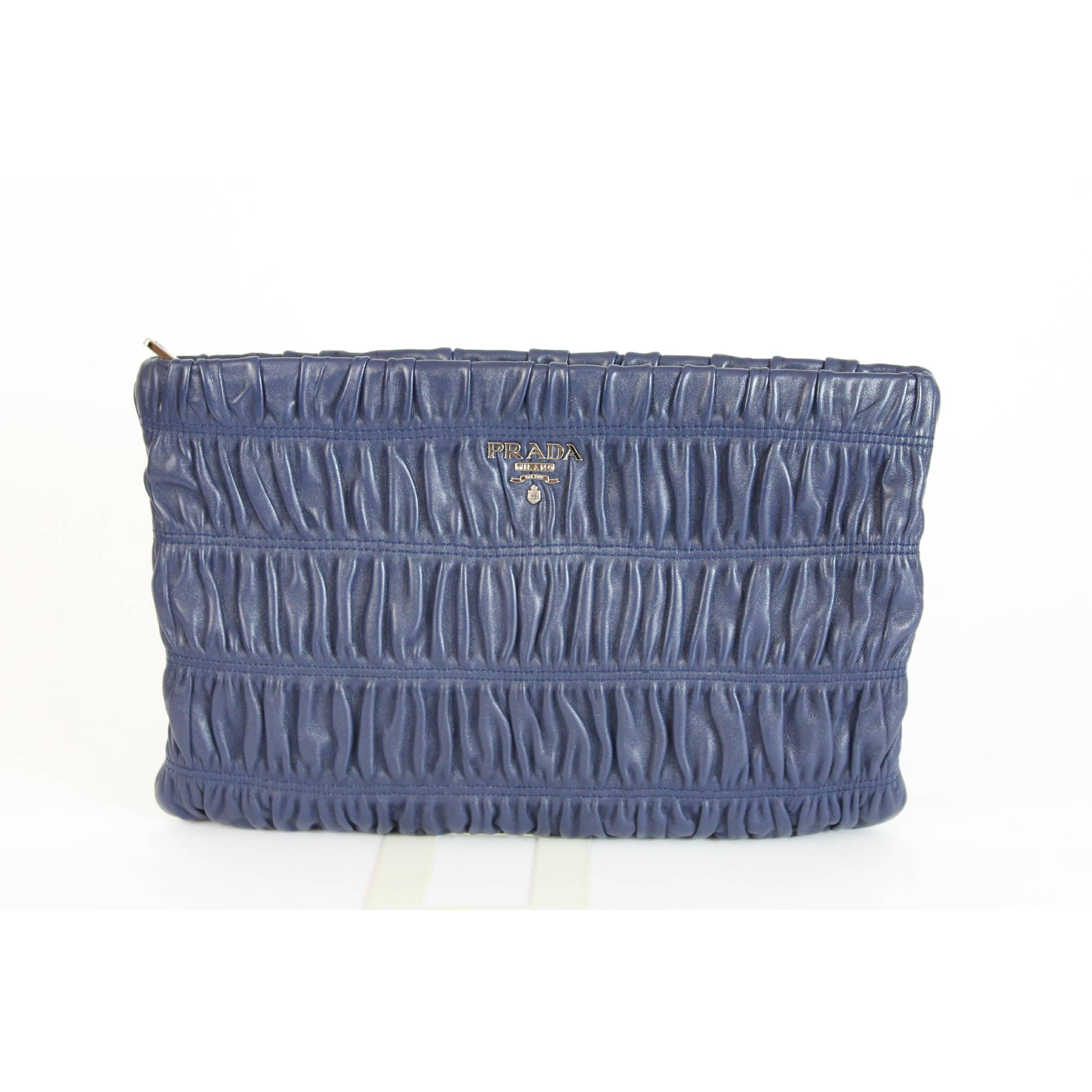 Gray Prada Nappa Gaufre Handbag Pochette Leather Blue, 2014s For Sale