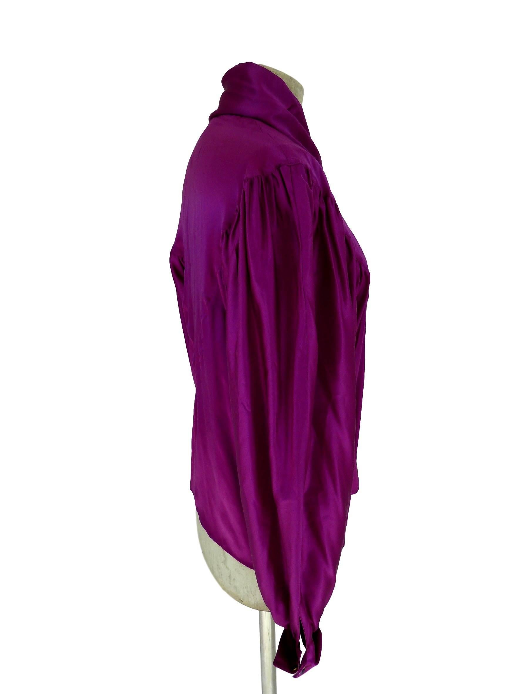Thierry Mugler vintage 1990s blouse silk women's purple 42 shawl collar balloon In Excellent Condition For Sale In Brindisi, IT