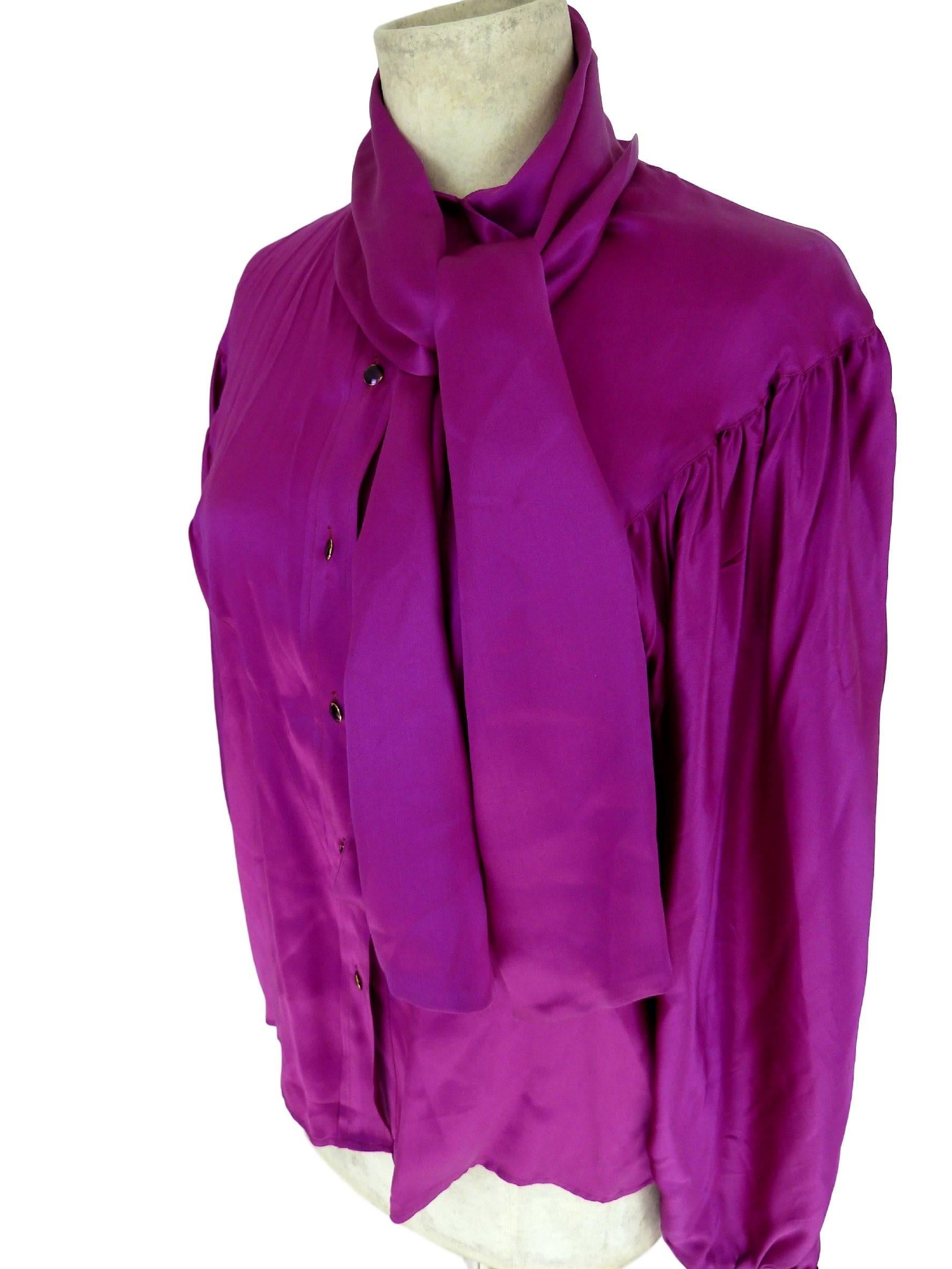 Women's Thierry Mugler vintage 1990s blouse silk women's purple 42 shawl collar balloon For Sale