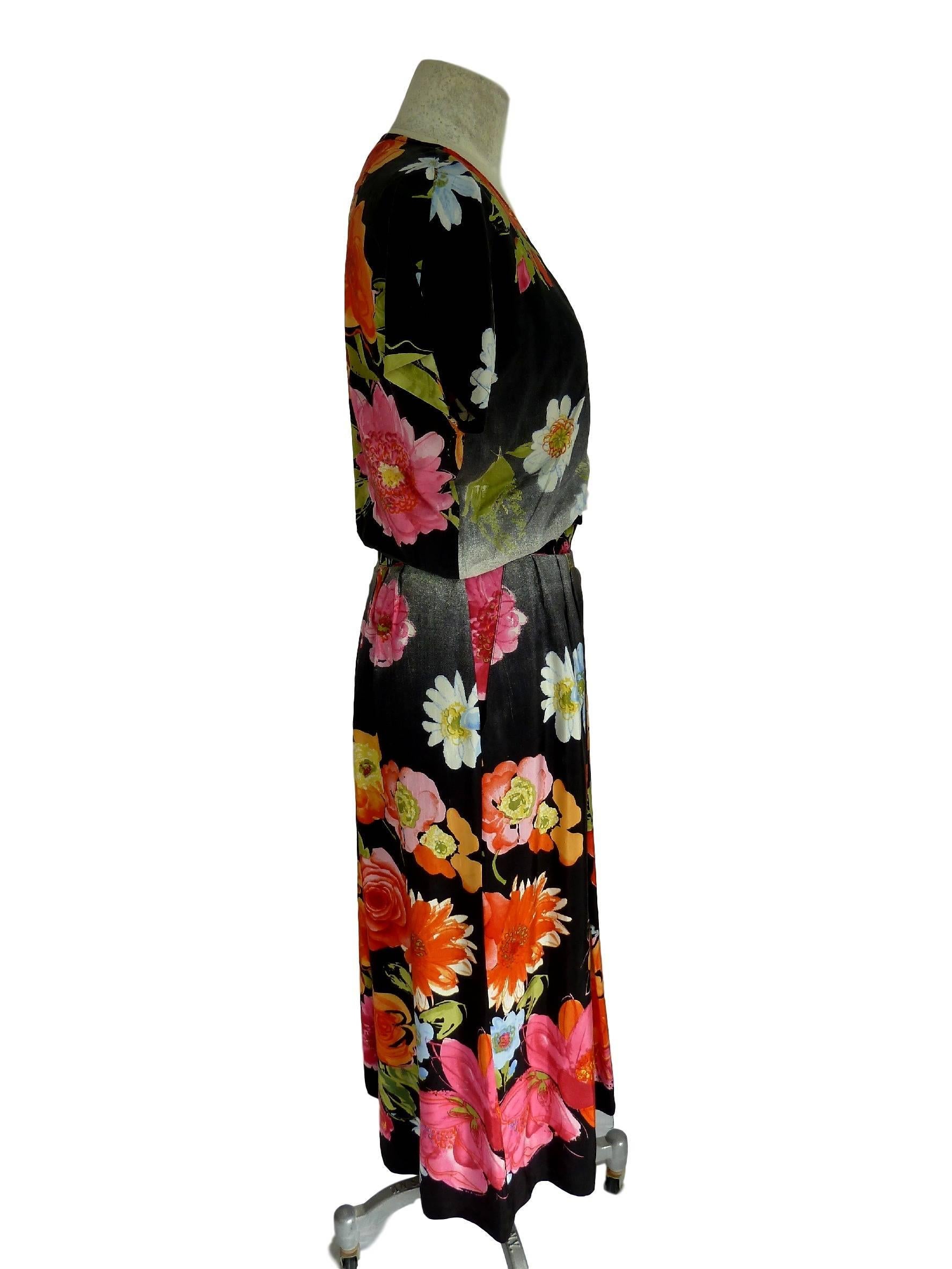 Black Fendi 365 floral vintage 1980s silk dress bolero skirt multi color