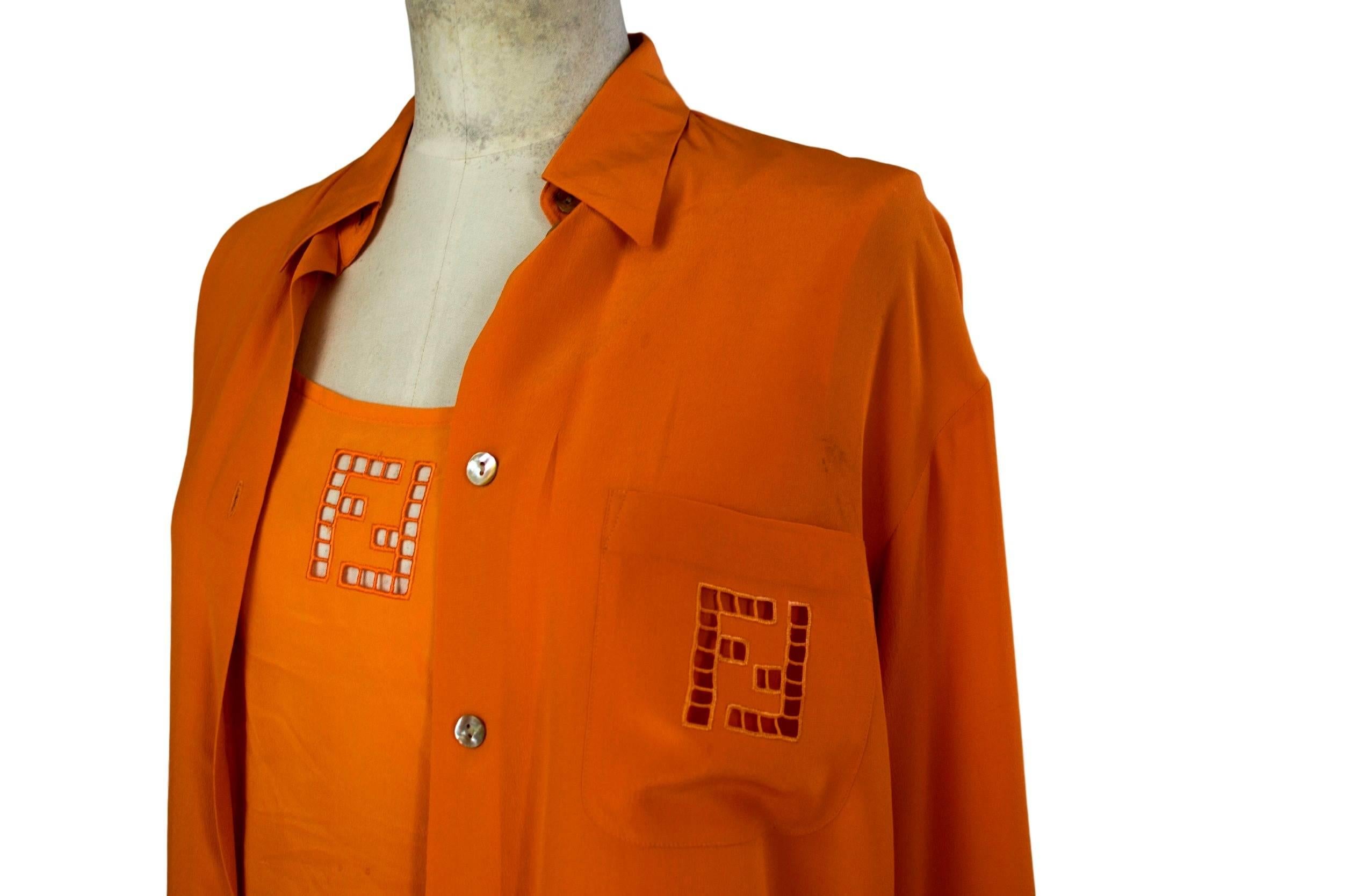 Orange Fendi 365 vintage 1980s dress set suit blouse shirt and skirt orange silk sz 42