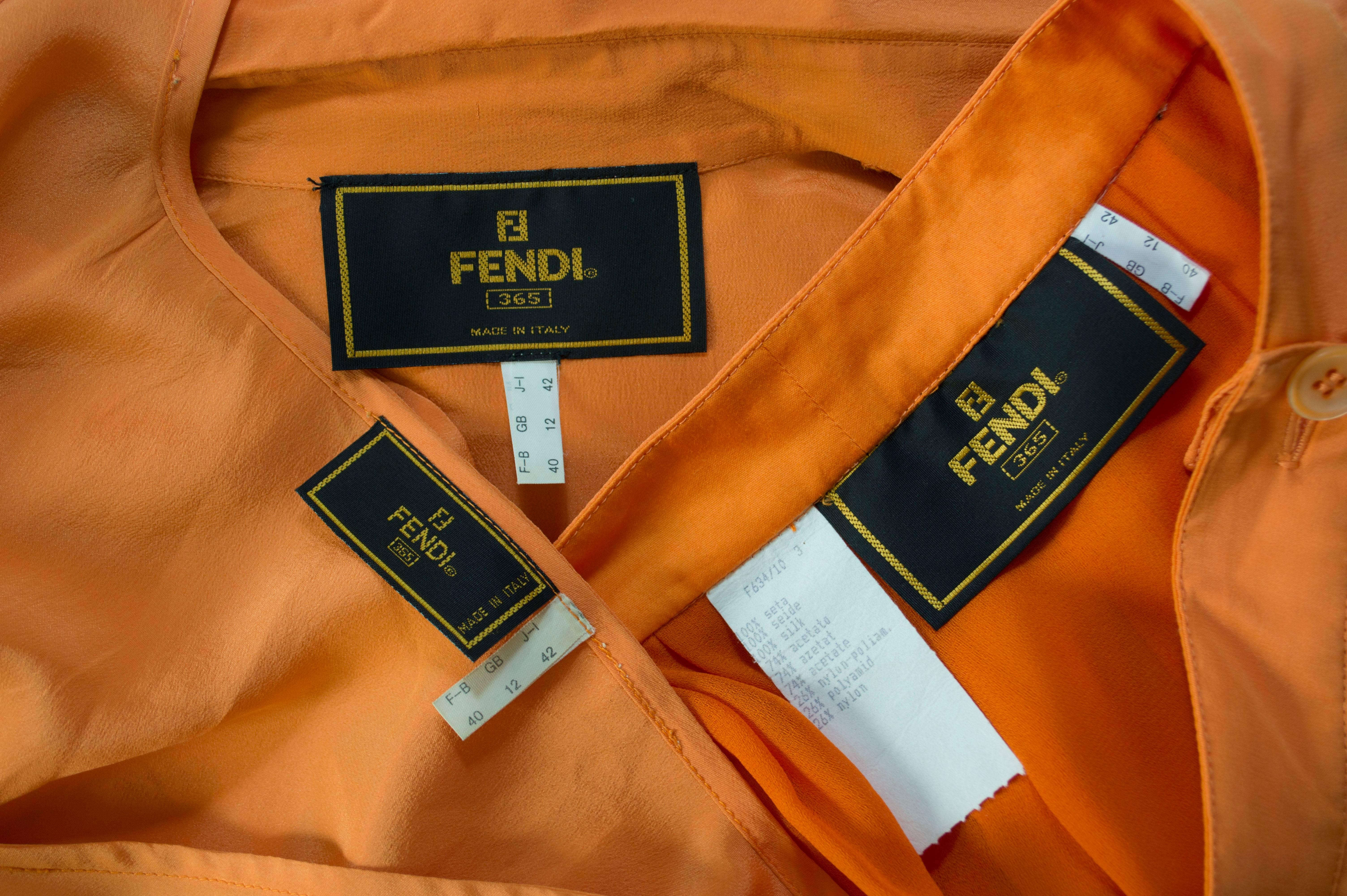 Fendi 365 vintage 1980s dress set suit blouse shirt and skirt orange silk sz 42 1