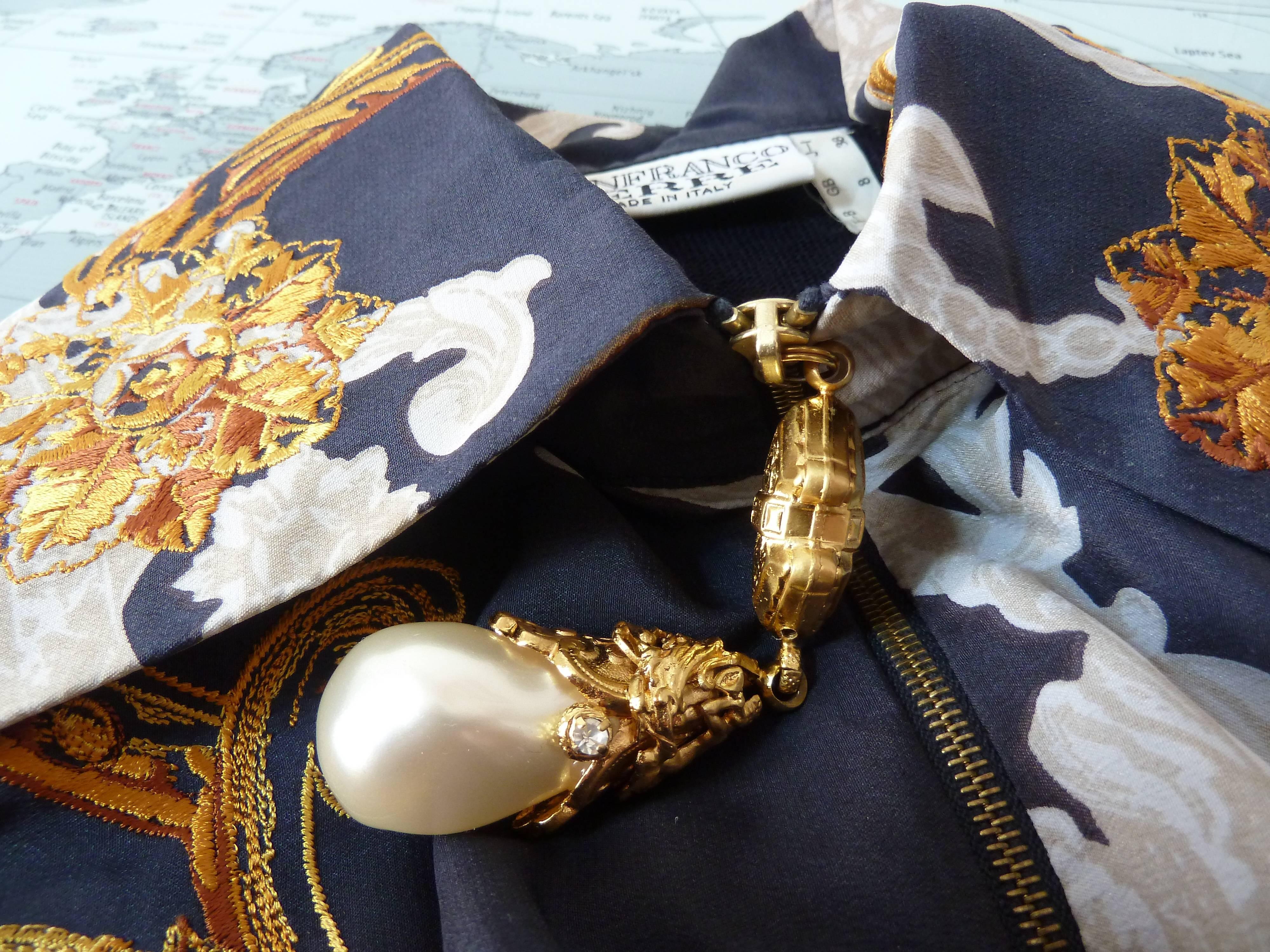 Gianfranco Ferrè baroque vintage blouse blue silk size 38 woman's 1980's 4