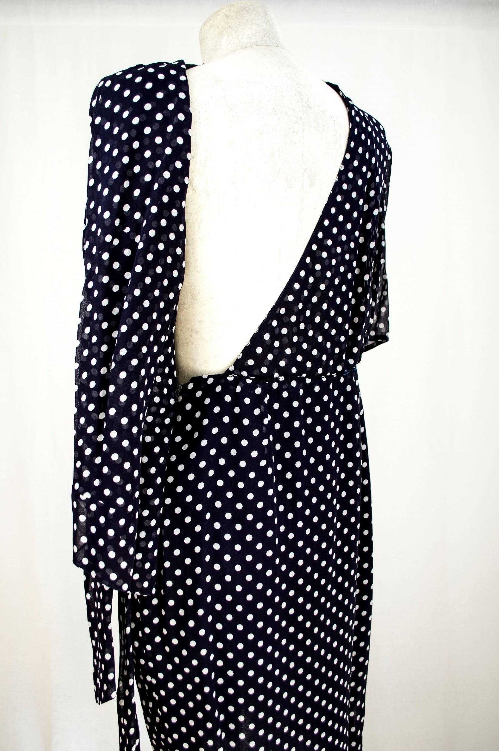 Black Gianfranco Ferrè 1980s vintage polka dot dress pois woman blue silk size 44