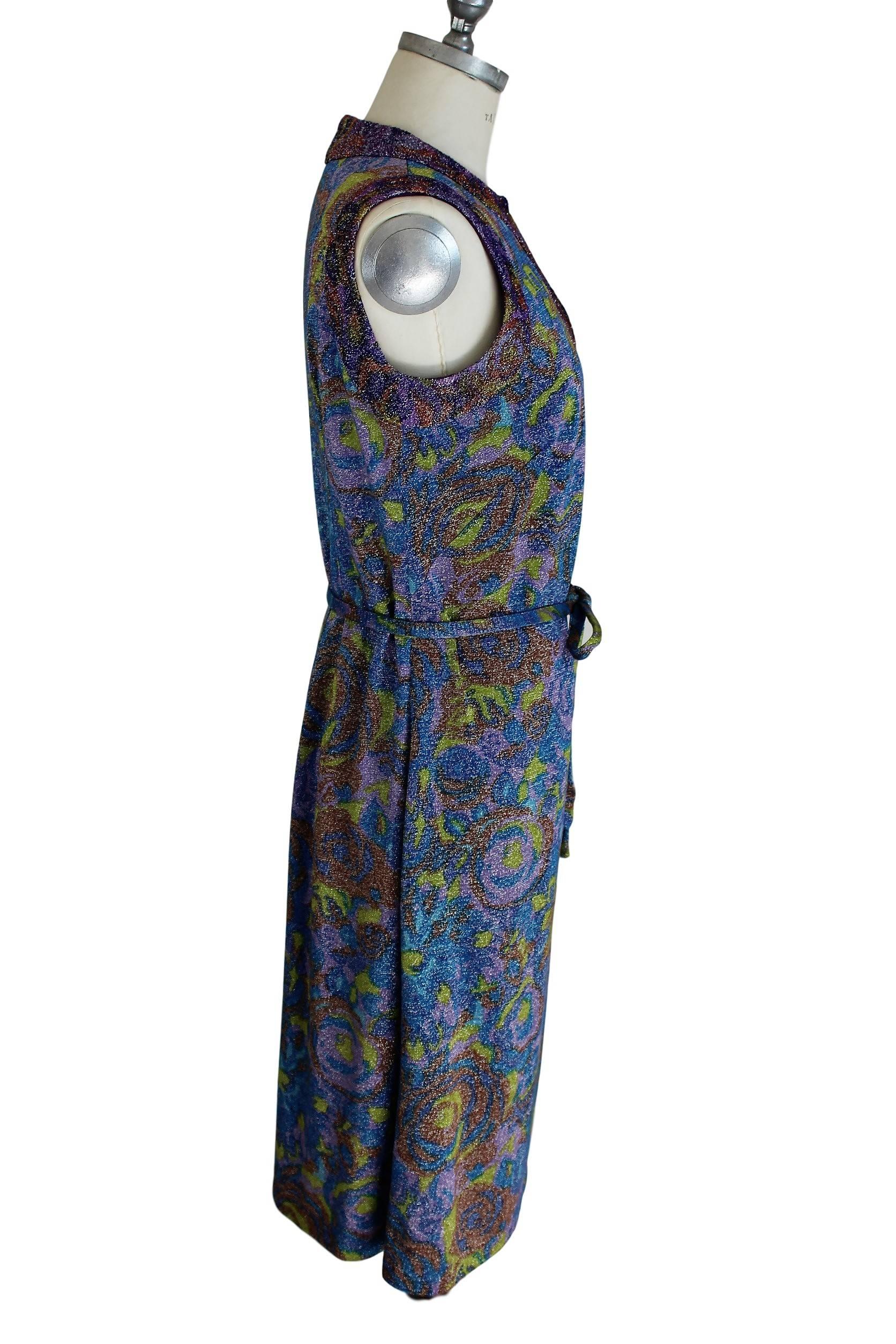 Blue Sorelle Fontana gleaming metallic floral blue wool sleeveless dress, 1960s  For Sale