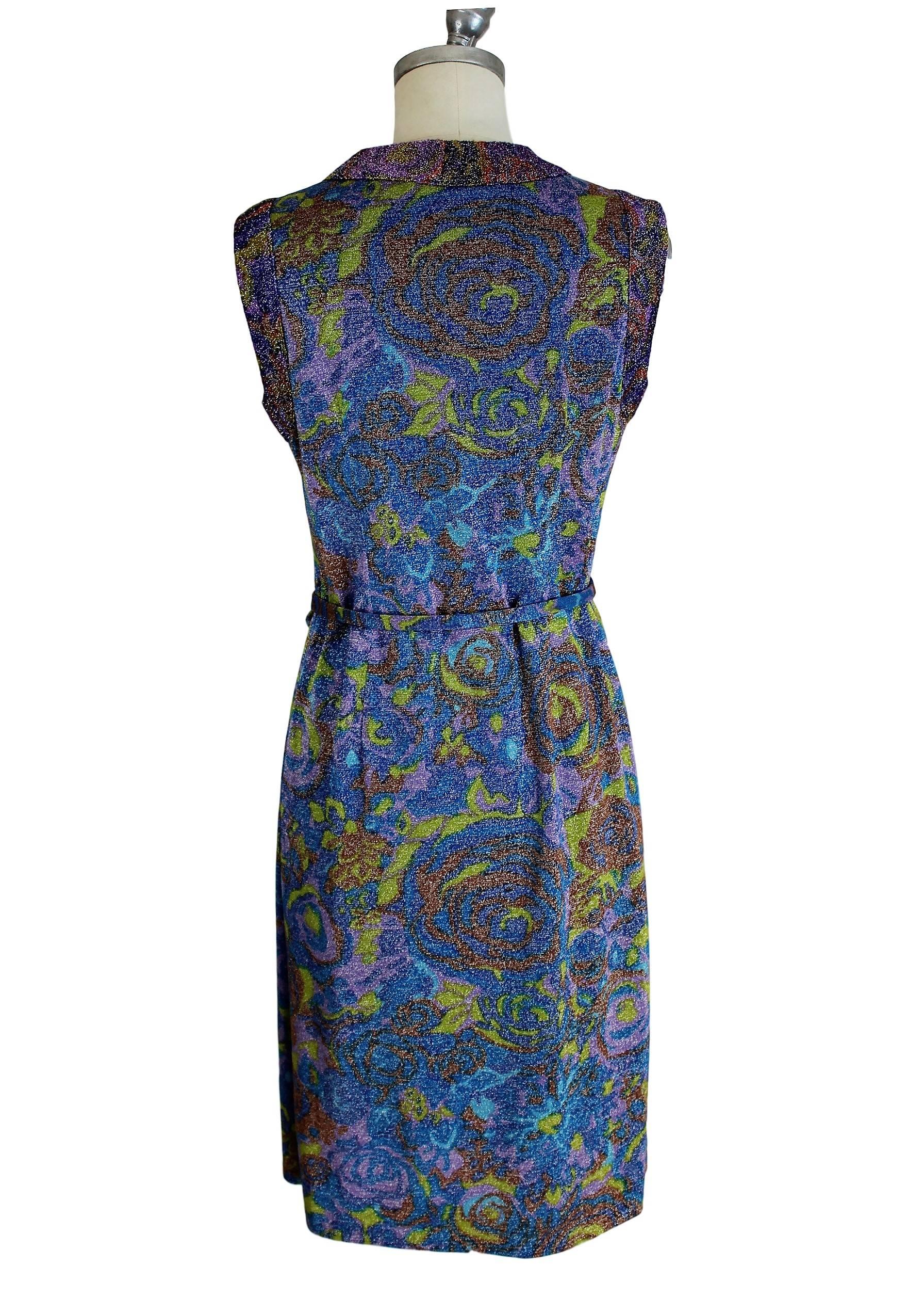 Sorelle Fontana gleaming metallic floral blue wool sleeveless dress, 1960s  In Excellent Condition For Sale In Brindisi, IT