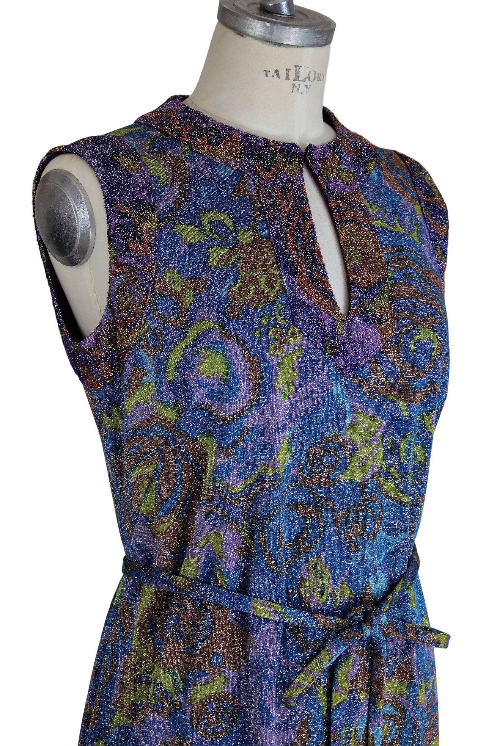 Women's Sorelle Fontana gleaming metallic floral blue wool sleeveless dress, 1960s  For Sale