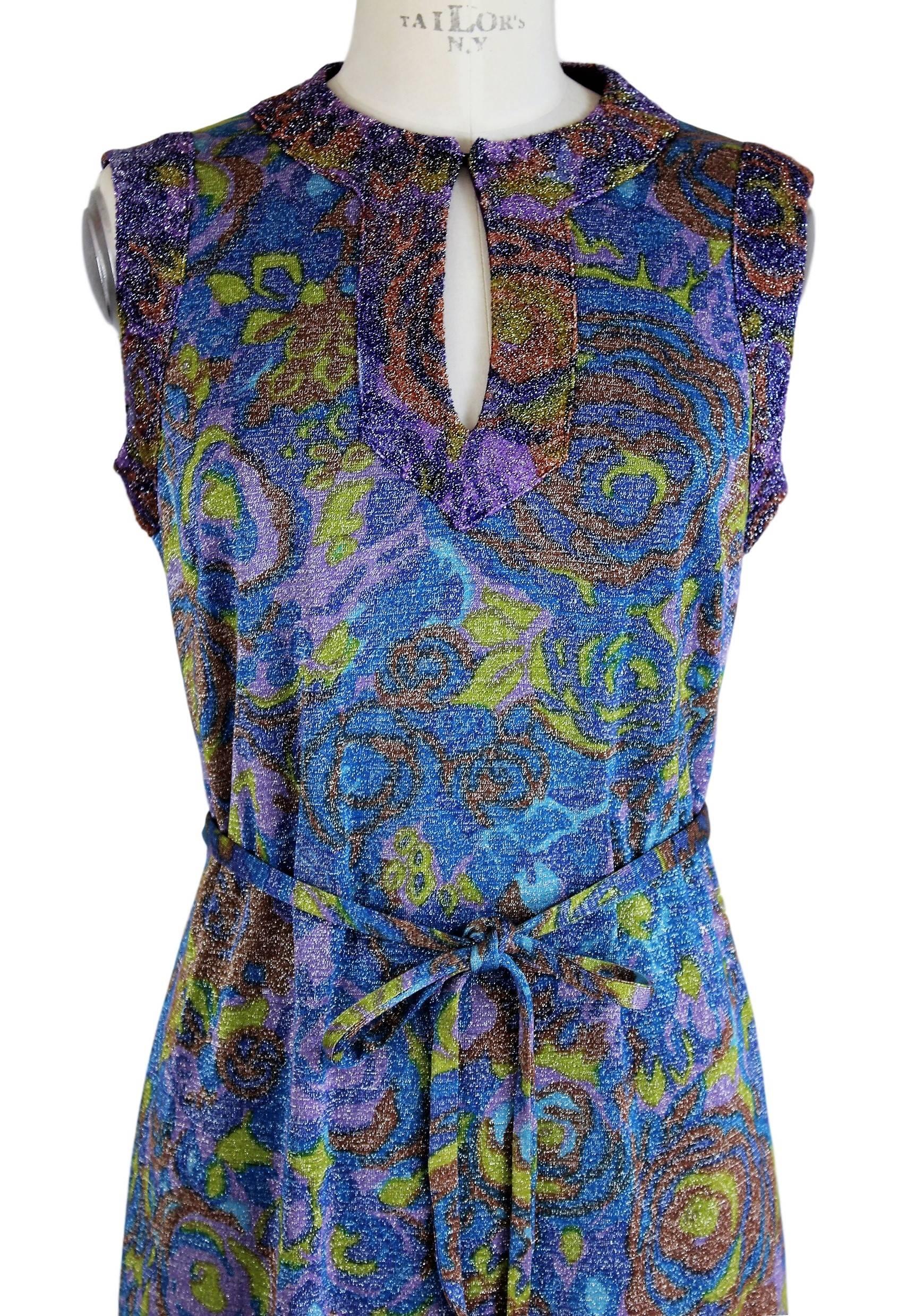 Sorelle Fontana gleaming metallic floral blue wool sleeveless dress, 1960s  For Sale 1