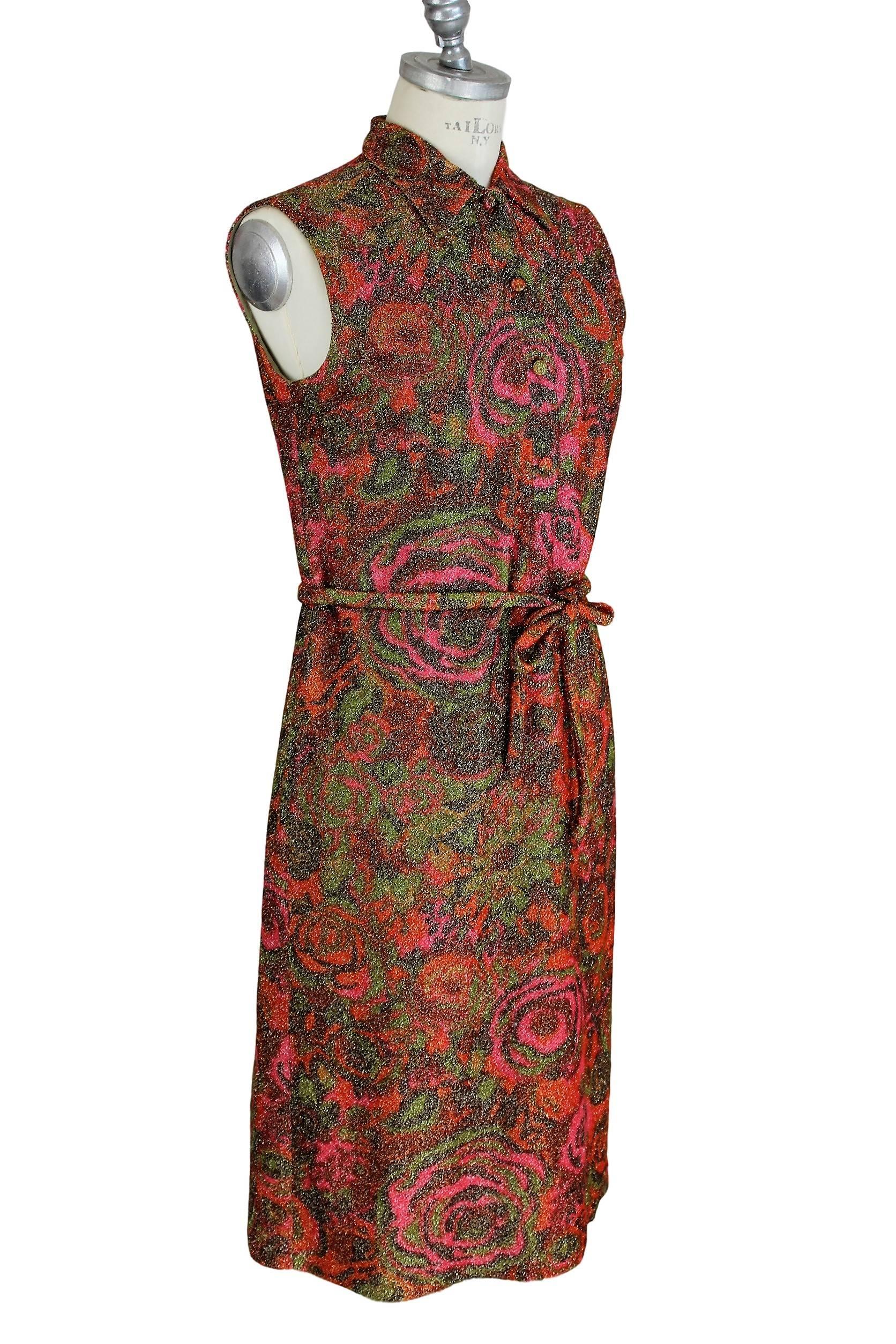 Brown Sorelle Fontana gleaming metallic floral red wool sleeveless dress, 1960s  For Sale