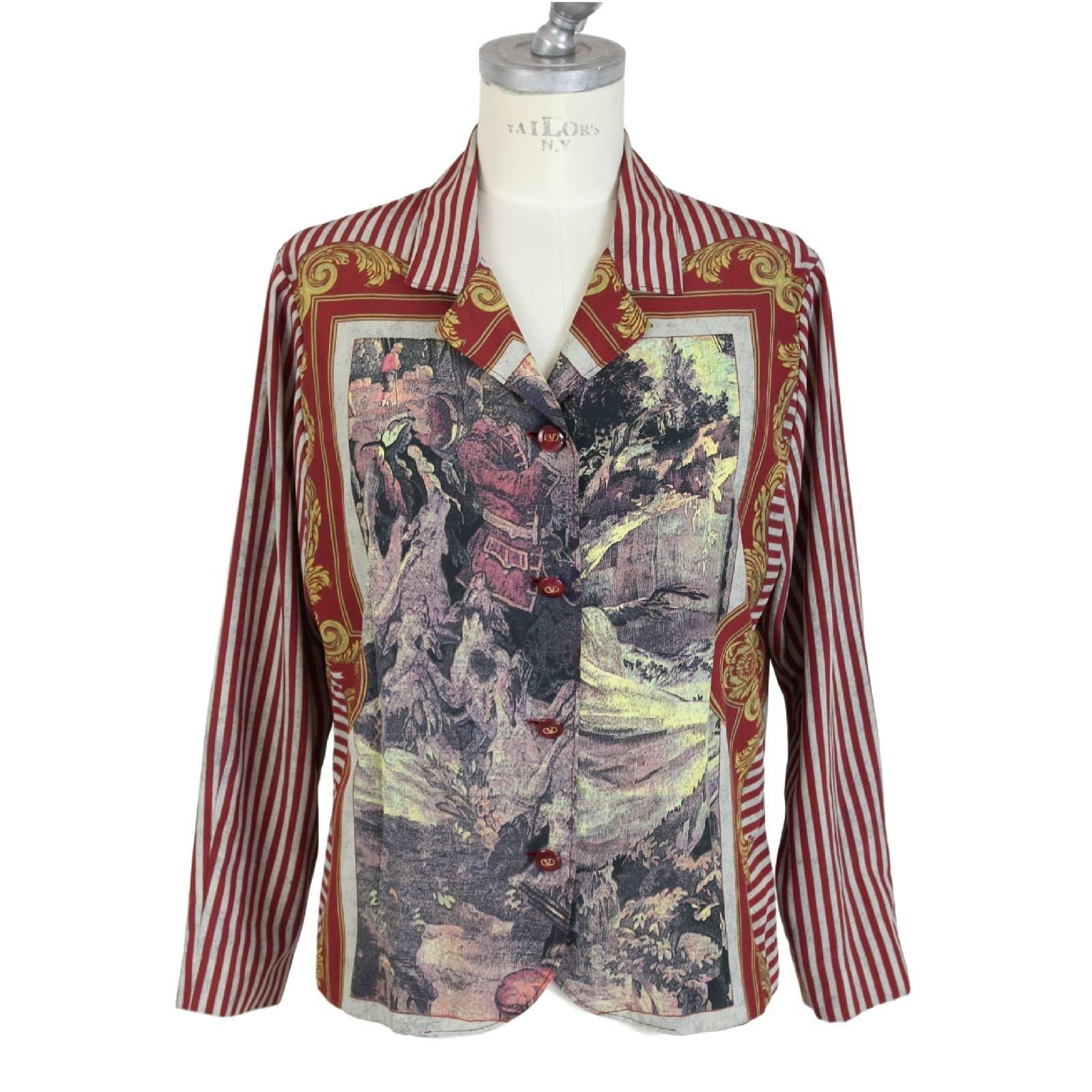 Gray Valentino Baroque Strips Silk Red White Italian Shirt Blouse, 1990 For Sale
