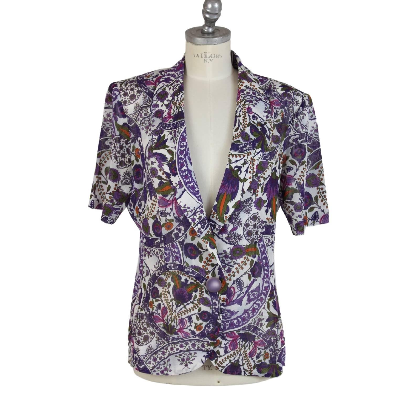 Purple Gucci skirt suit dress Linen Floral White Violet 46 Vintage Women’s 1970s