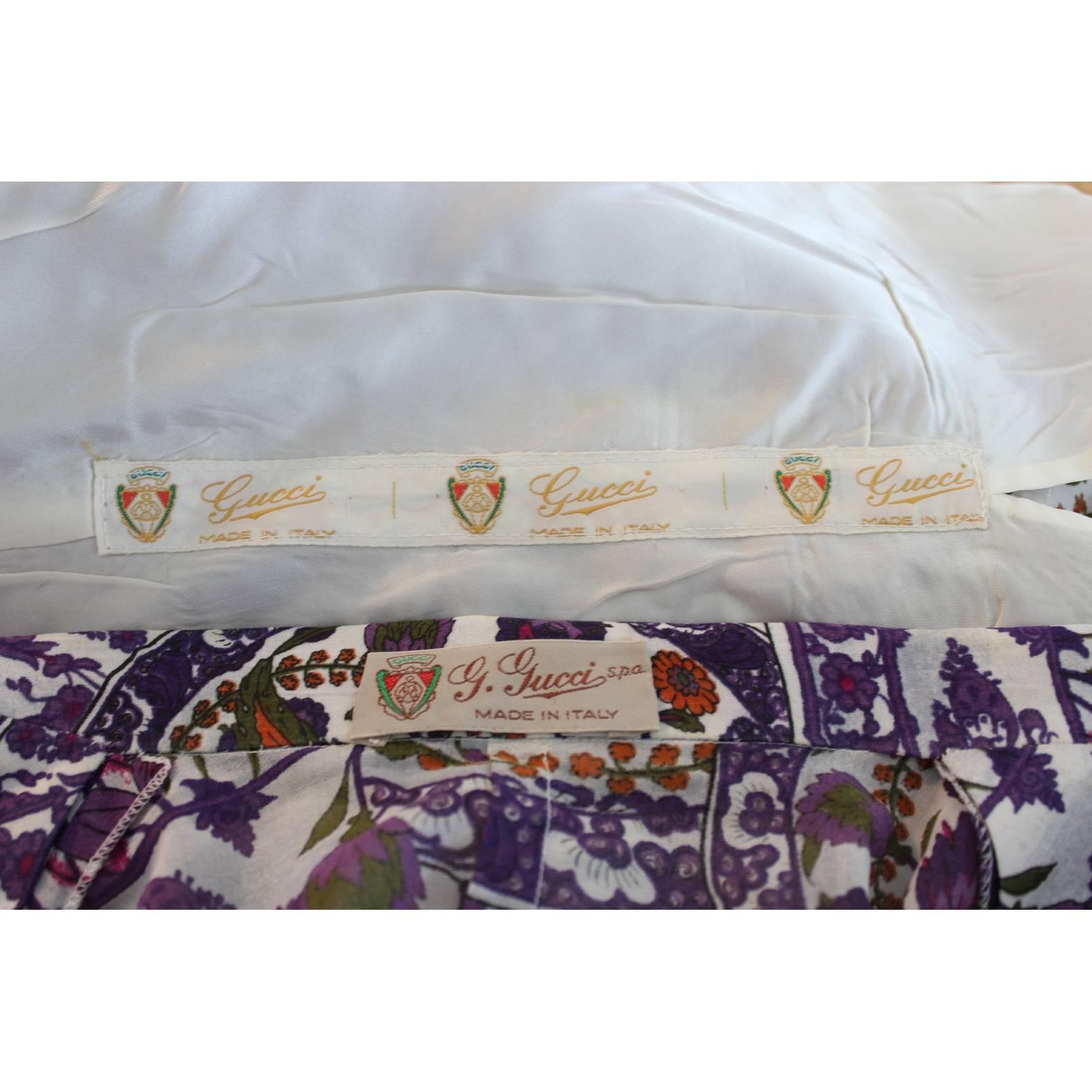 Gucci skirt suit dress Linen Floral White Violet 46 Vintage Women’s 1970s In Excellent Condition In Brindisi, IT