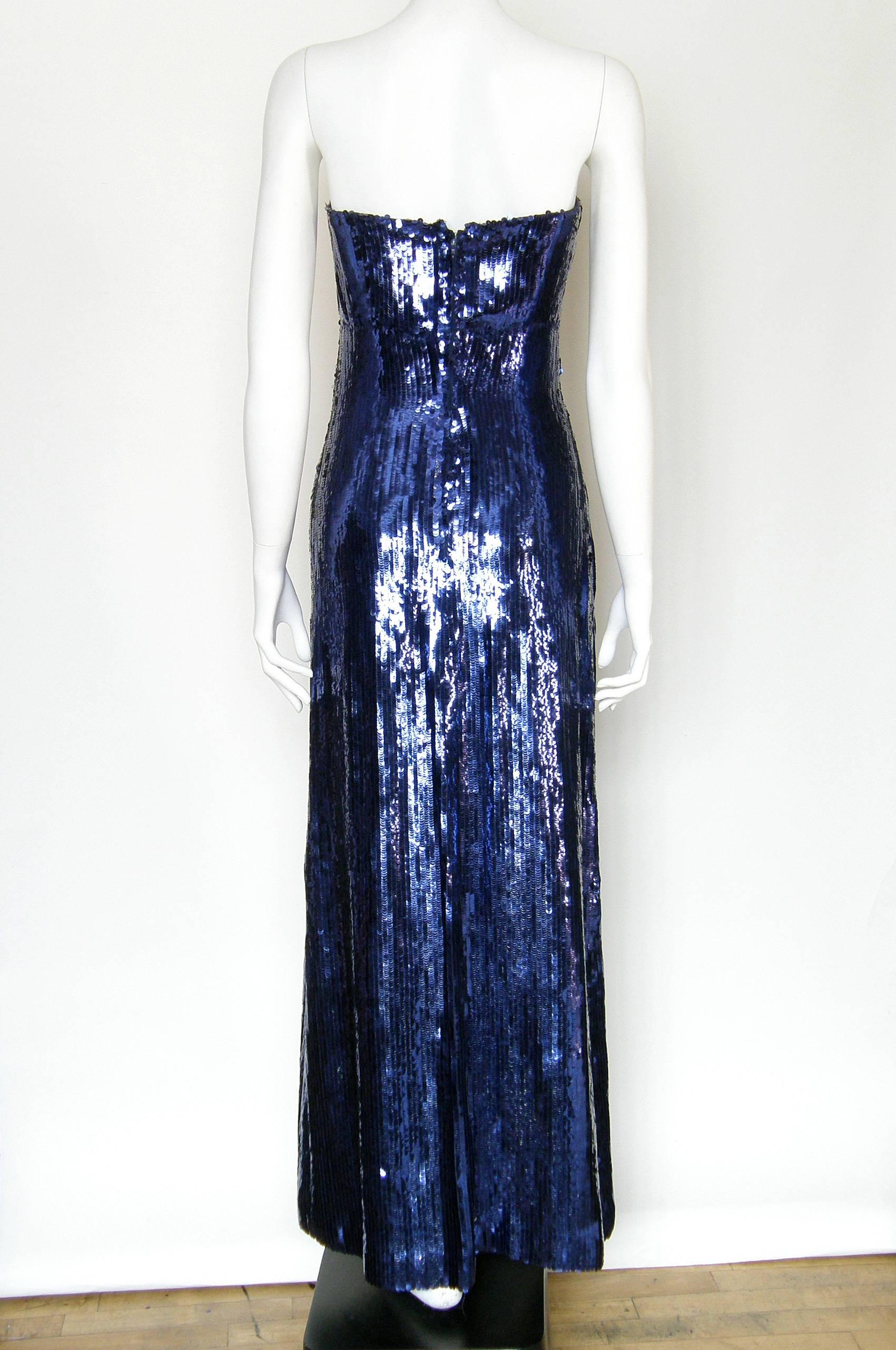 Black Matty Talmack Strapless Evening Gown Blue Sequined Mermaid Dress