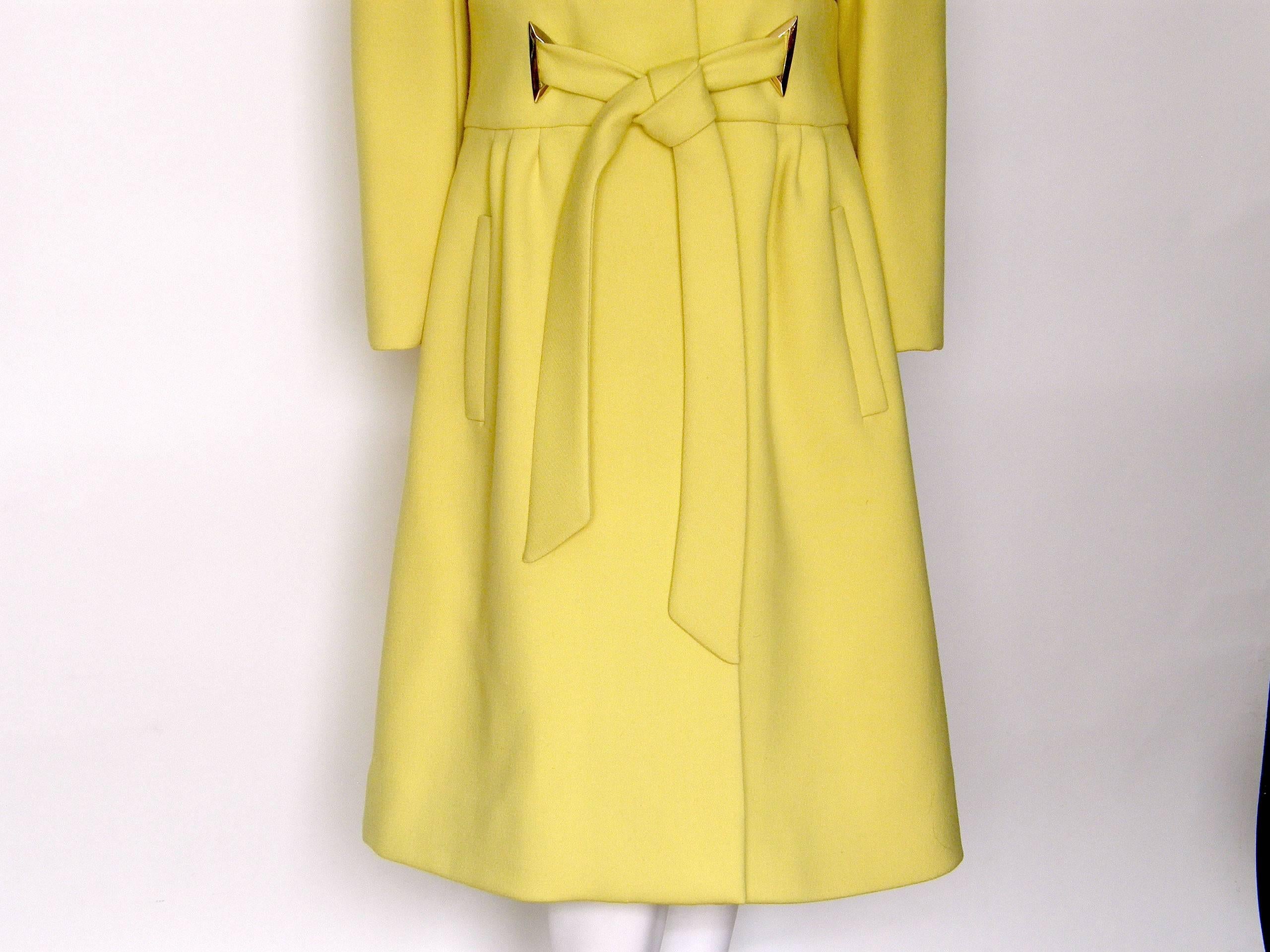 Women's Mod Originala Coat Bright Yellow Wool with Tie Waist