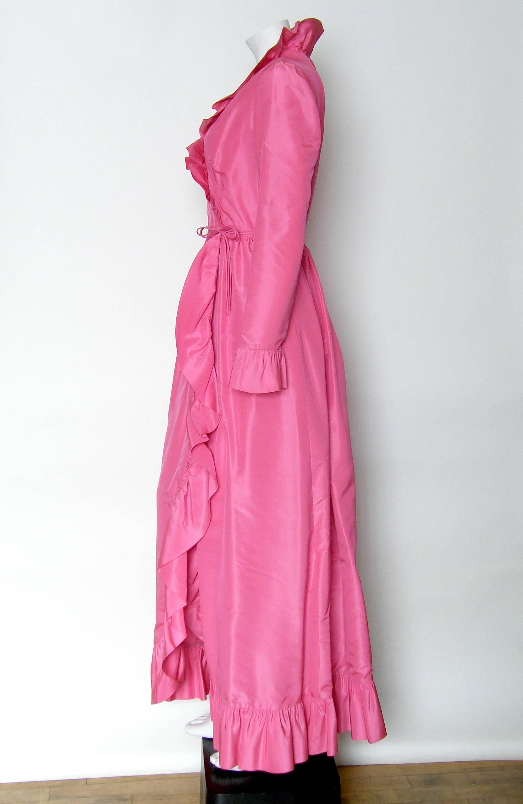 Women's Mollie Parnis Pink Silk Gown Wrap Style with Ruffled Edges and Skirt Slit For Sale