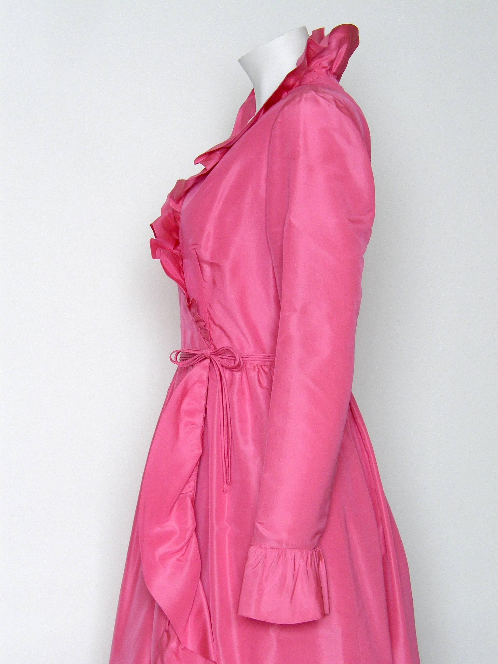 Mollie Parnis Pink Silk Gown Wrap Style with Ruffled Edges and Skirt Slit For Sale 1