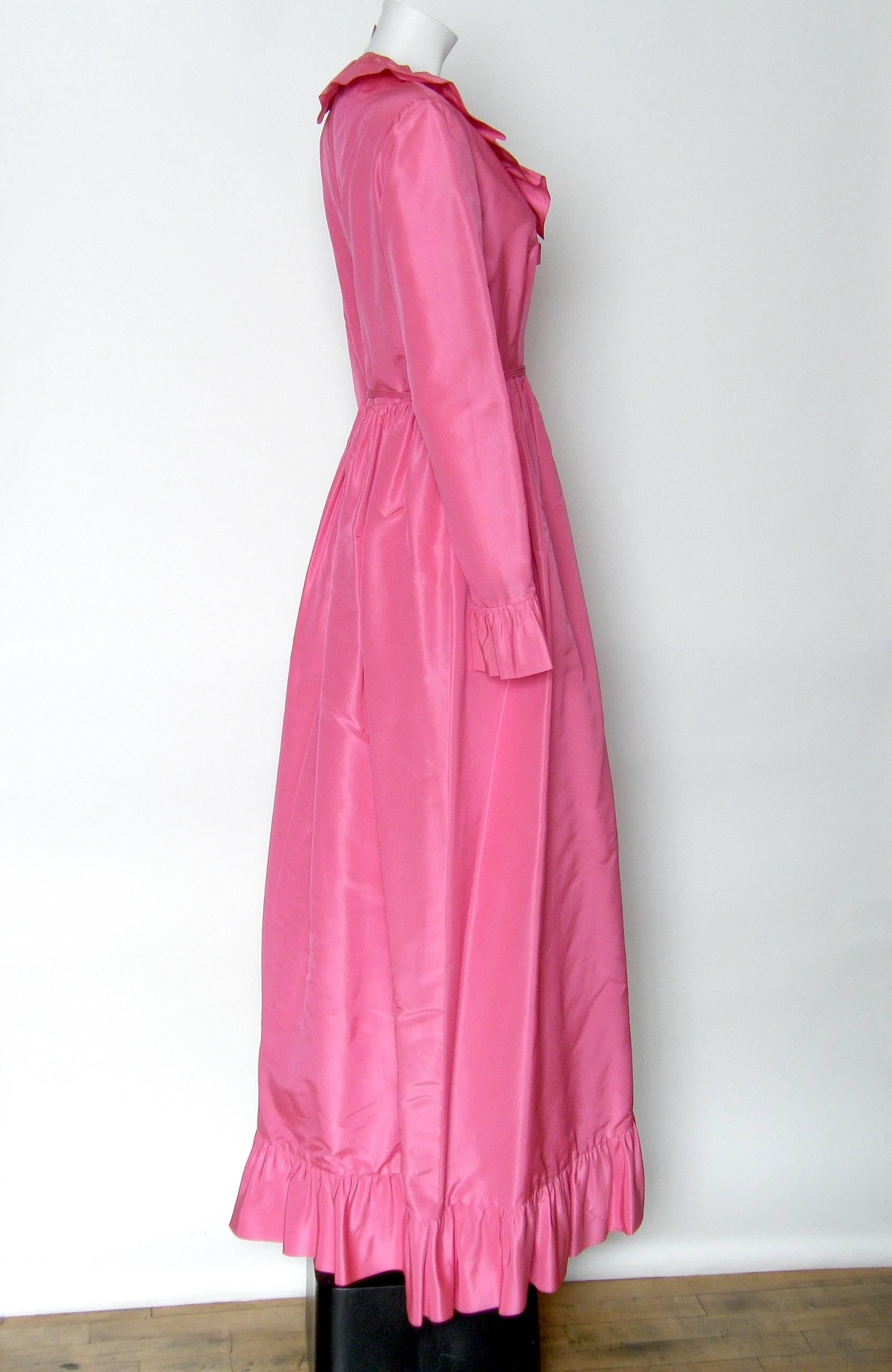 Mollie Parnis Pink Silk Gown Wrap Style with Ruffled Edges and Skirt Slit For Sale 4