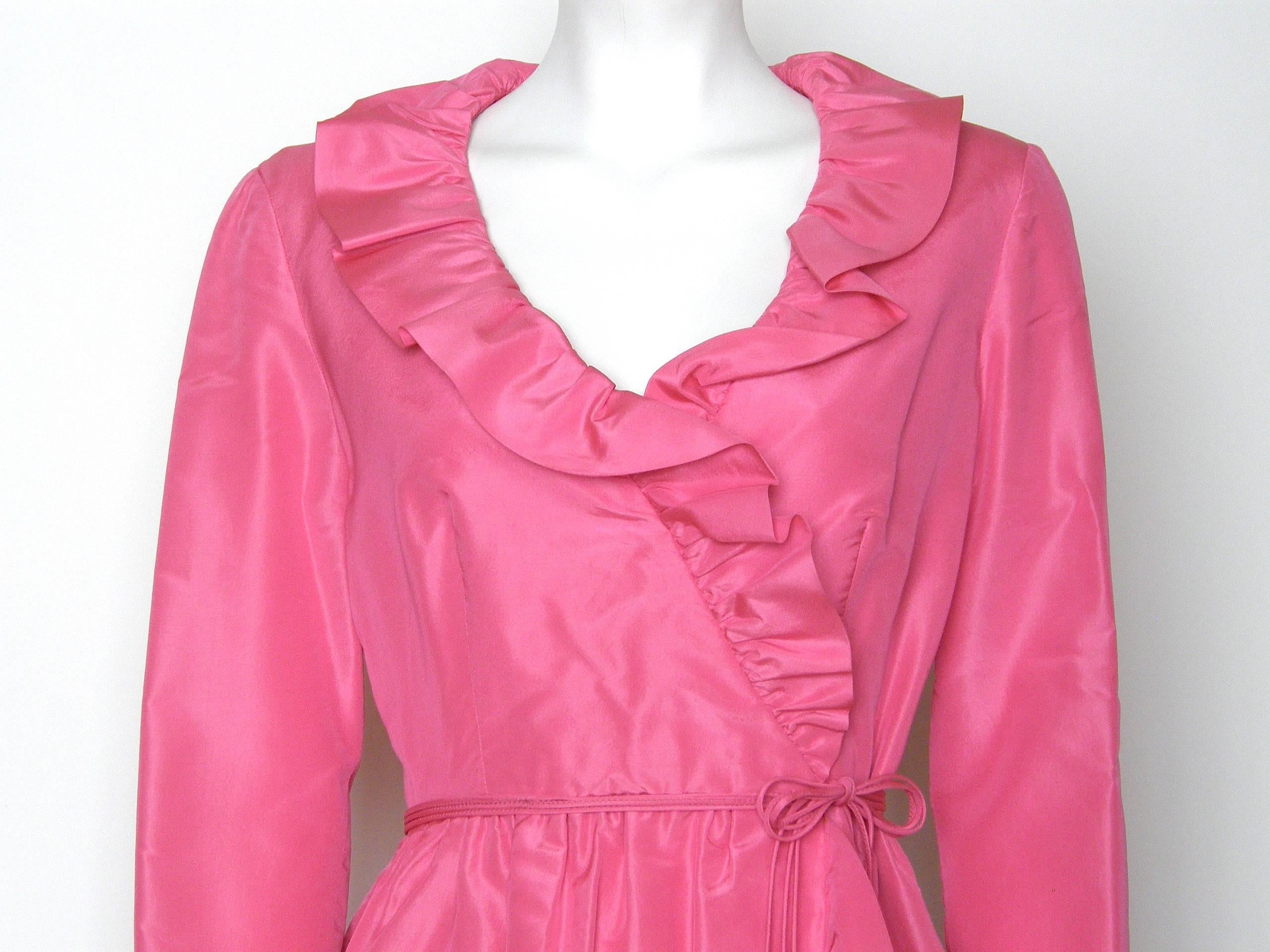 Mollie Parnis Pink Silk Gown Wrap Style with Ruffled Edges and Skirt Slit In Good Condition For Sale In Chicago, IL