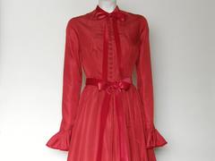 Oscar de la Renta Red Silk Taffeta Gown with Tiered Skirt and Ruffled Cuffs