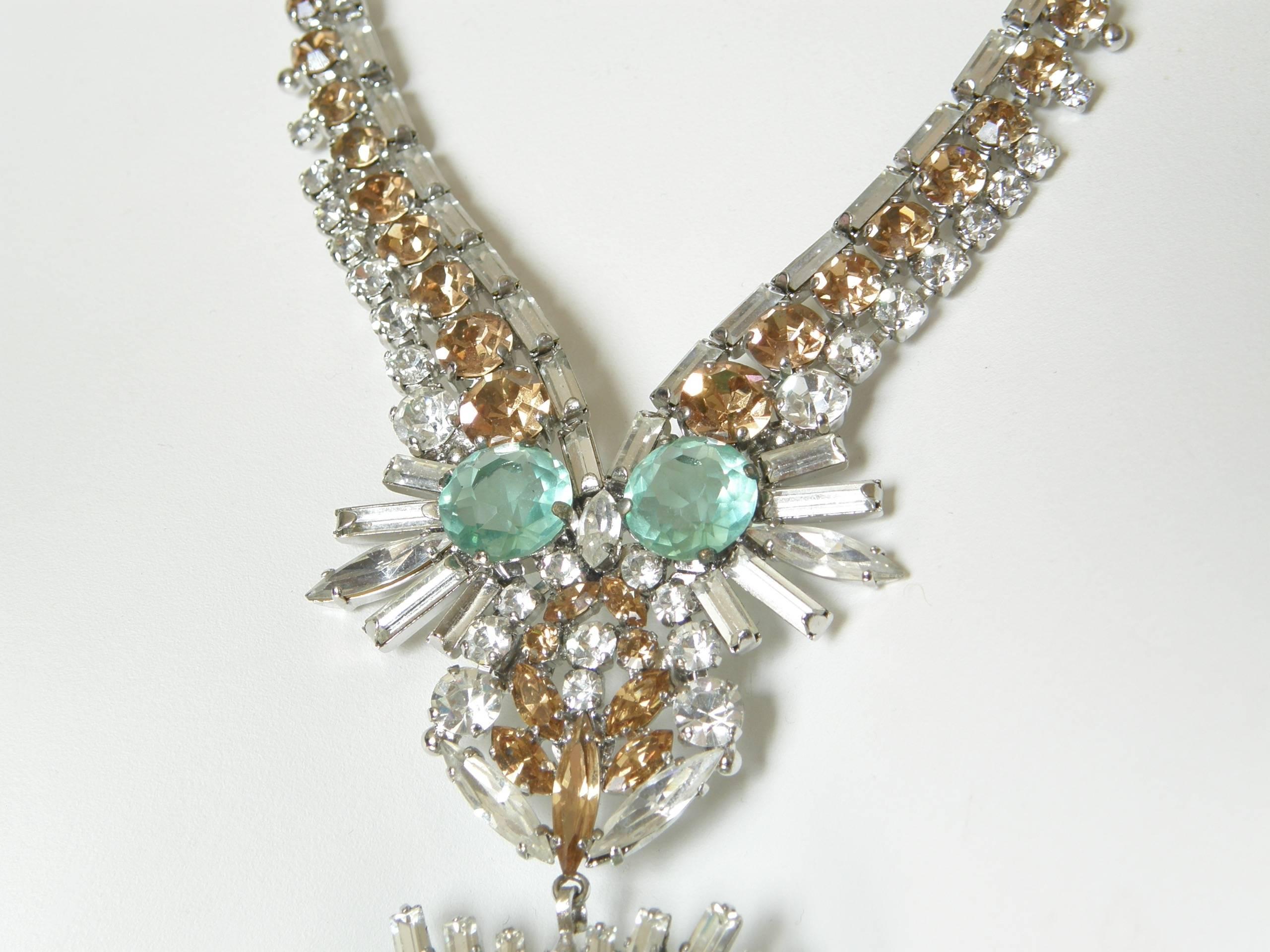 West German Rhinestone Necklace with Faux Emeralds Diamonds and Citrines 2