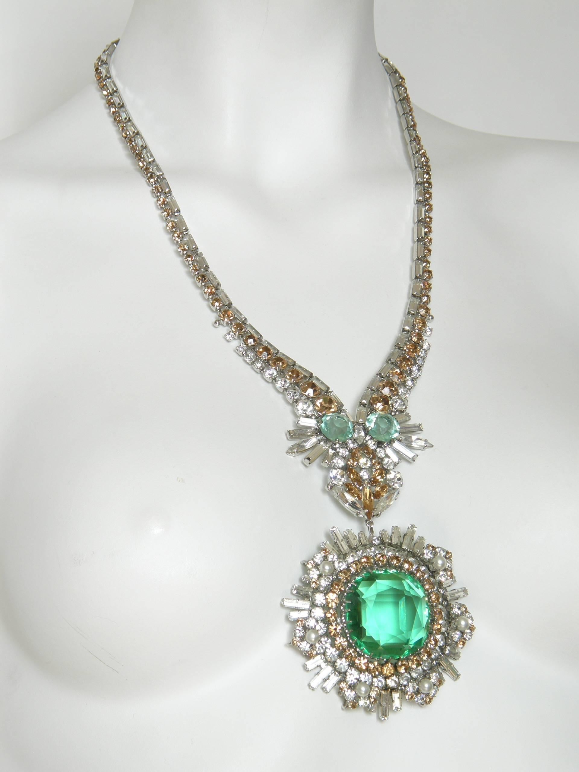 Modernist West German Rhinestone Necklace with Faux Emeralds Diamonds and Citrines