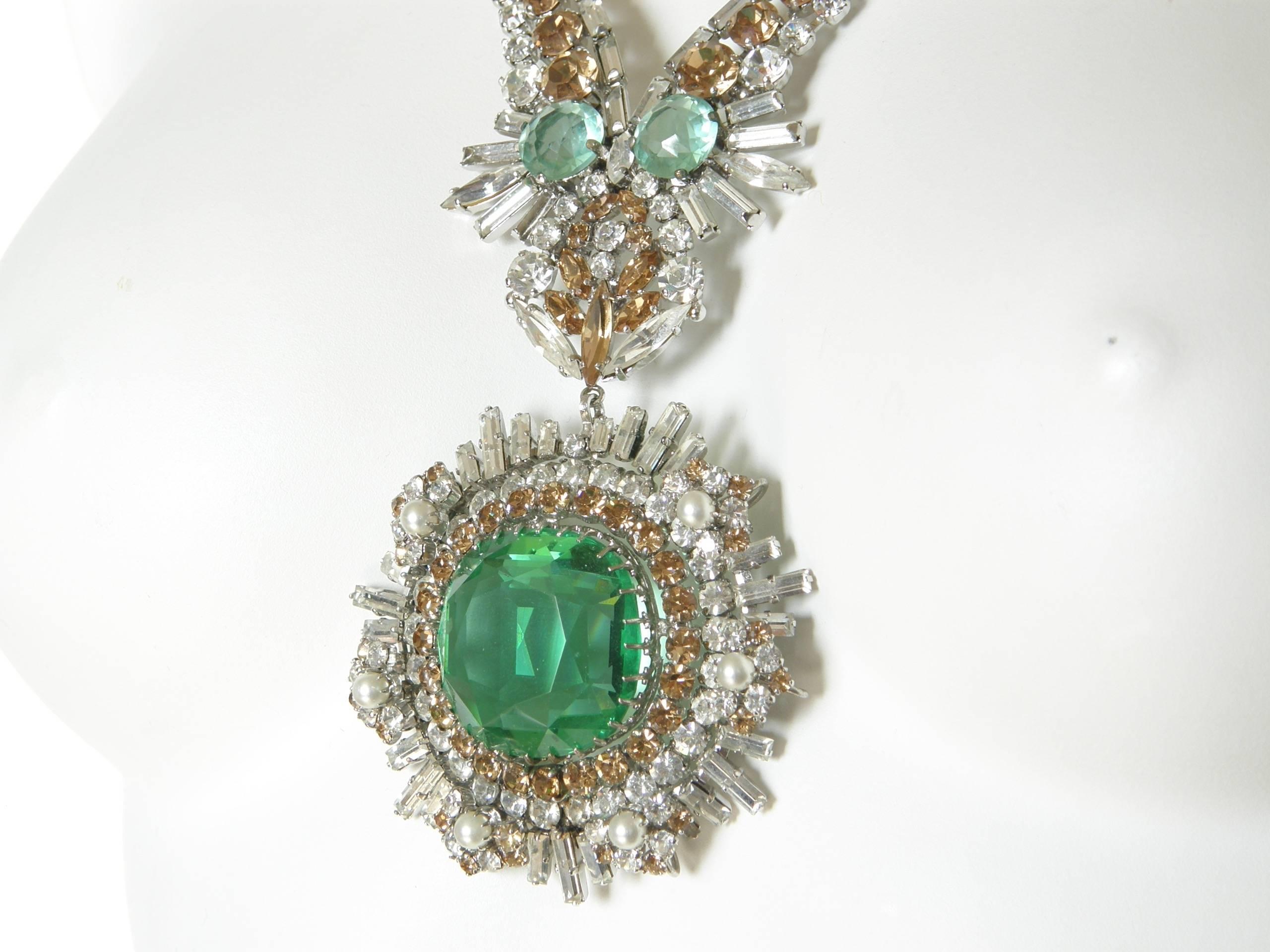West German Rhinestone Necklace with Faux Emeralds Diamonds and Citrines 1
