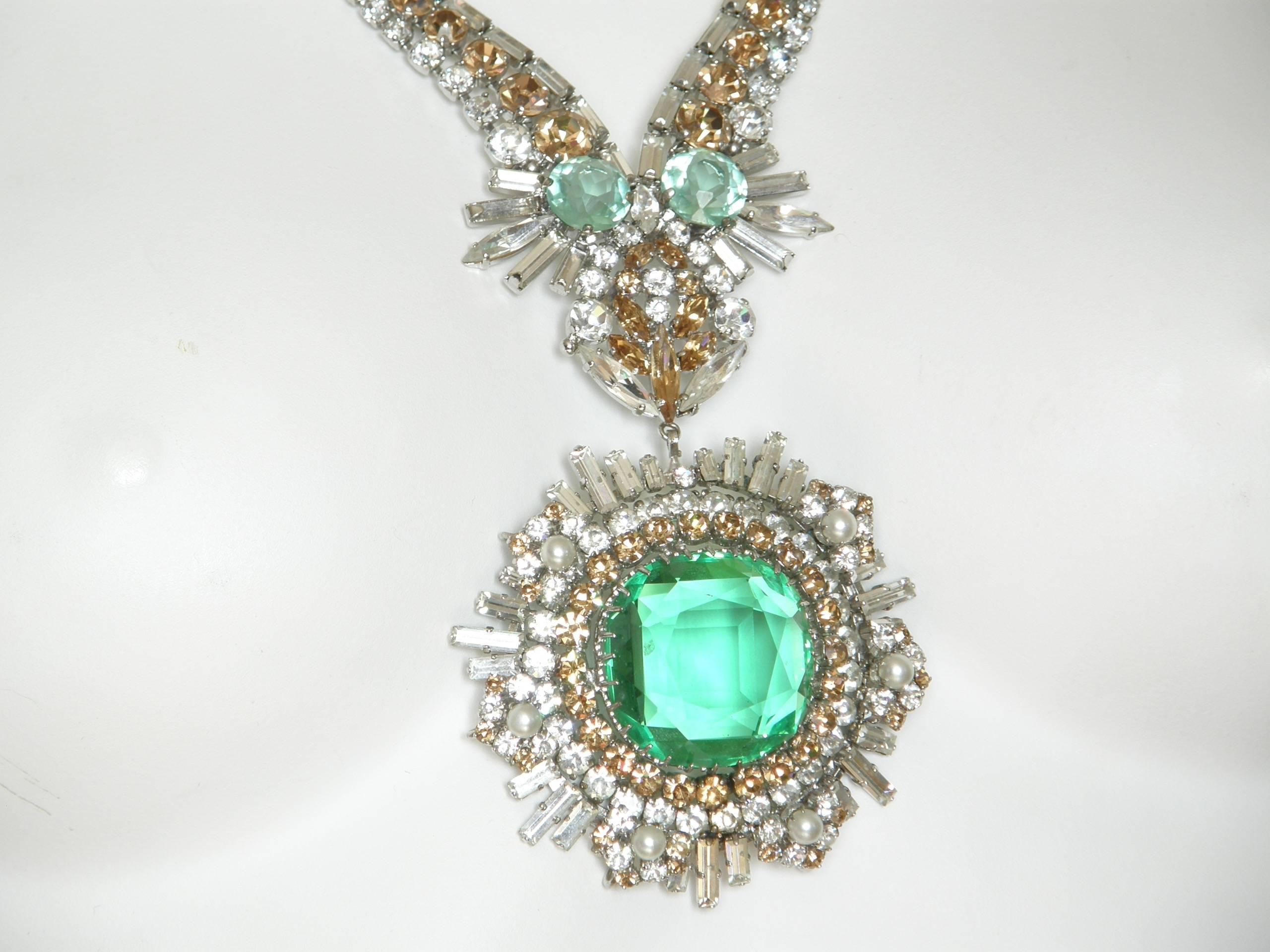 West German Rhinestone Necklace with Faux Emeralds Diamonds and Citrines In Good Condition In Chicago, IL